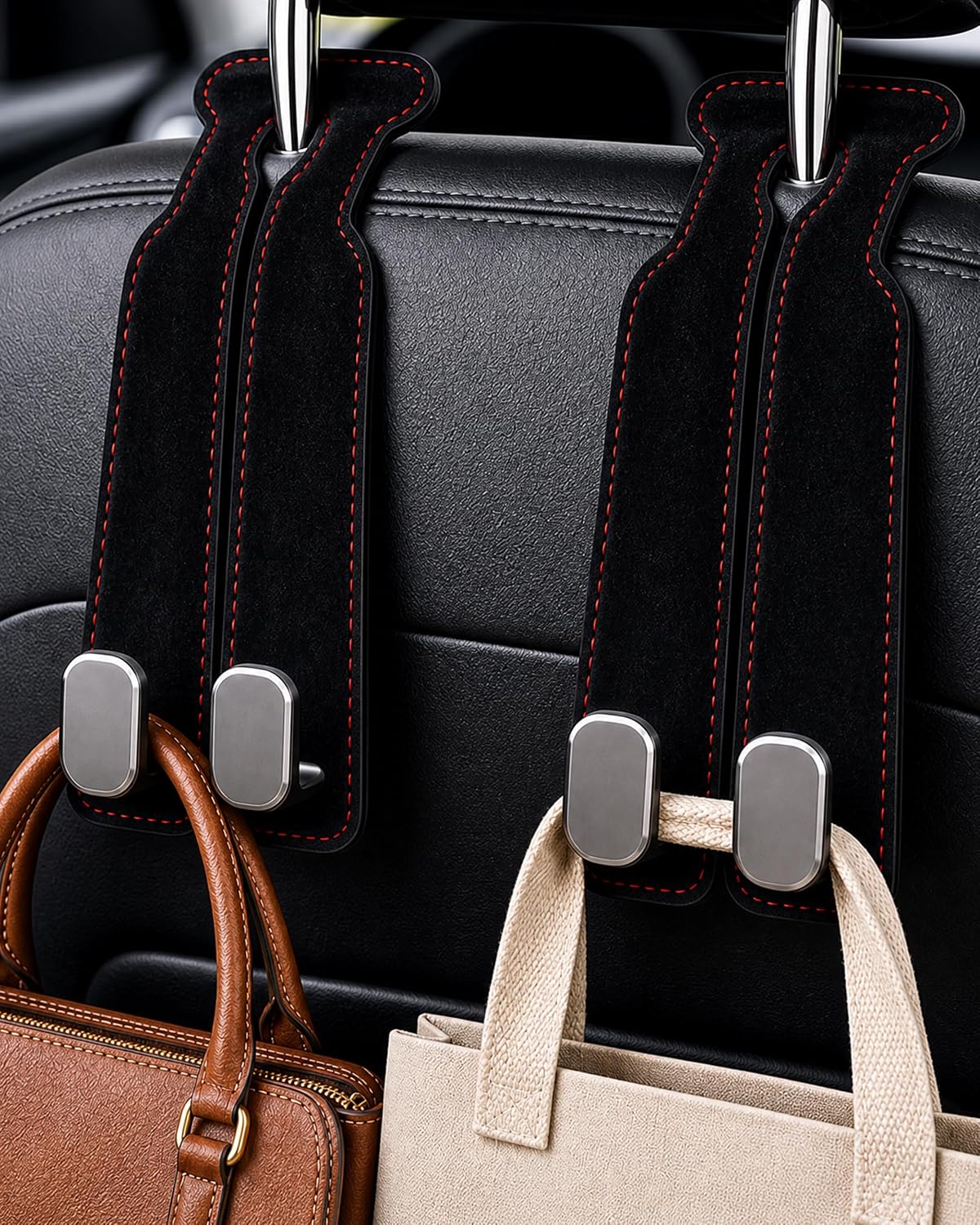 Car Headrest Hooks, 2 Pack Suede Leather Seat Hooks for Purses and Bags, Dual Hook Purse Holder for Seat Back and Passenger Glove Box, Universal Hangers for Handbags, Coats, Groceries, Black