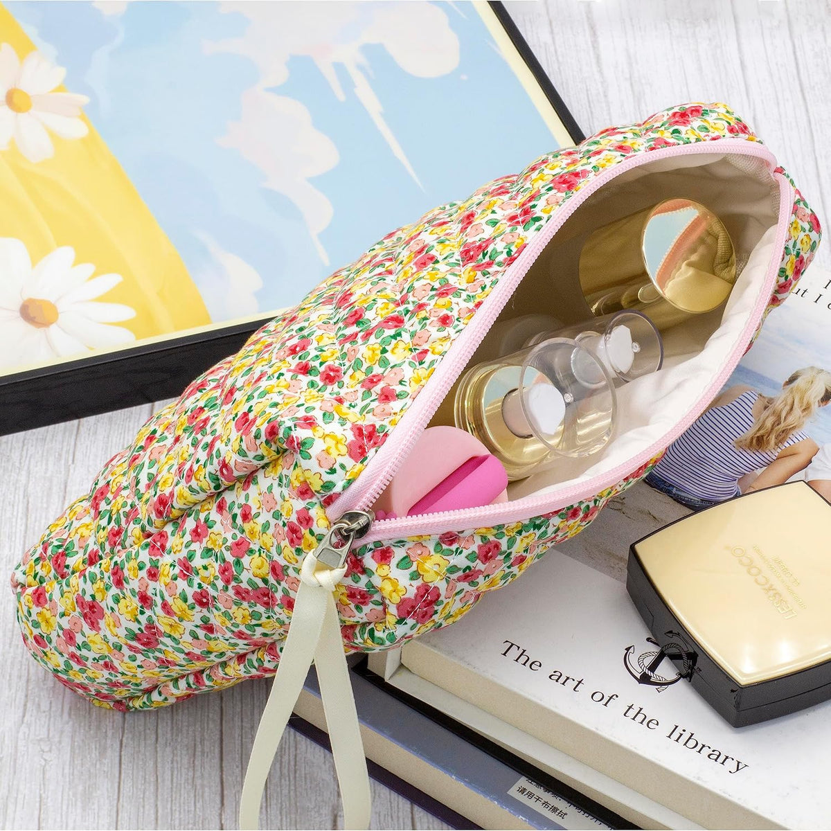 3 Piece Quilted Makeup Bag Set for Women,Cosmetic&Toiletry,Little Flower