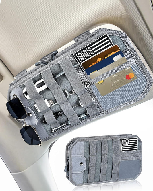 Heavy Duty Molle Car Sun Visor Organizer Tactical Pounch with Flag and Glasses Clip Store Your Daily Items for Most Cars, Trucks, SUVs, Compacts, 12.8"x6.9"x1.2" (Gray)