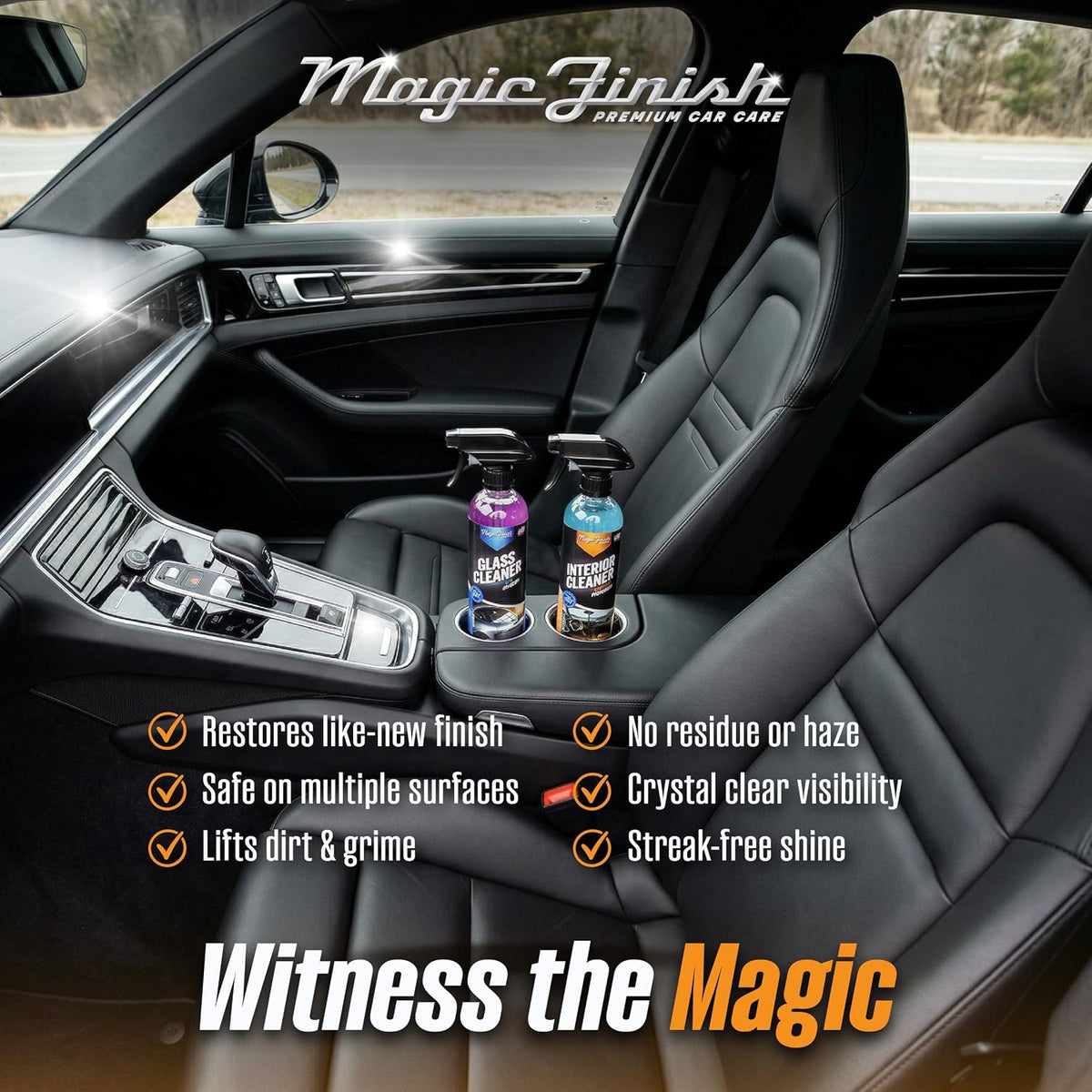 Magic Finish Vehicle Interior &amp; Glass Cleaning Spray Kit (16 fl oz Each) – Streak-Free Glass Cleaner + Car Interior Cleaner Spray – Tint Safe, Anti-Fog, Non-Greasy Finish, Complete Car Detailing Kit