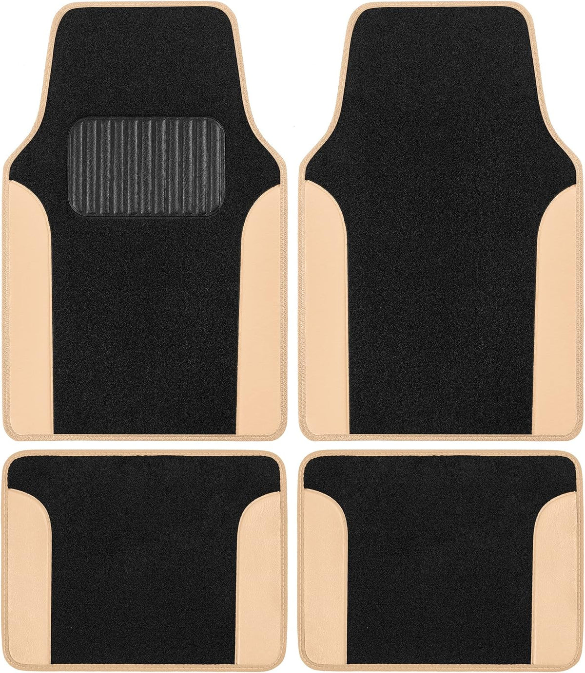 BDK Carpet Floor Mats for Cars, Two-Tone Carpet Car Mat with Faux Leather Accents, Automotive Floor Mat Sets with Built-in Heel Pad, Stylish Interior Car Accessories Beige