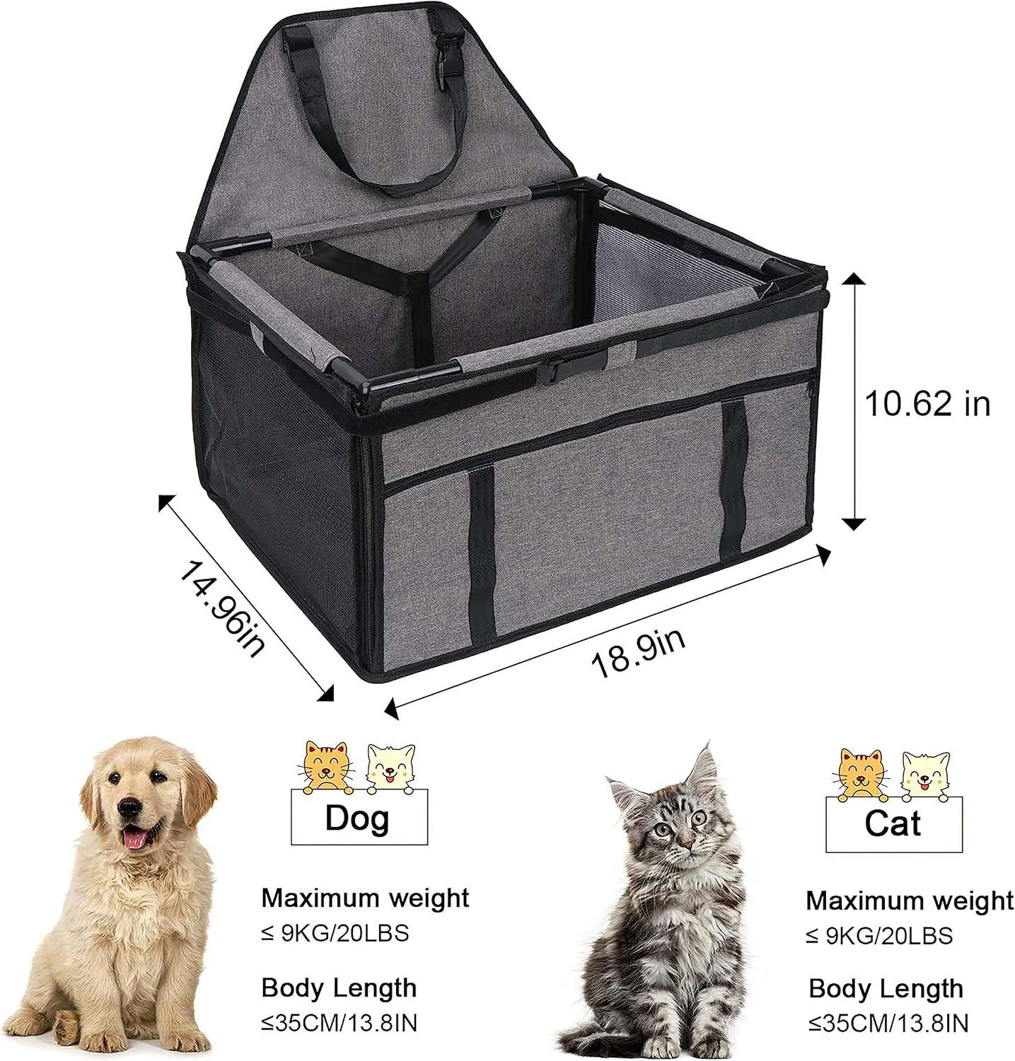 GENORTH Dog Car Seats for Small and Medium Dogs,Portable Puppy/Pet Car Booster Seat with Clip-On Leash and Mesh Window for Pet Up to 20 lbs