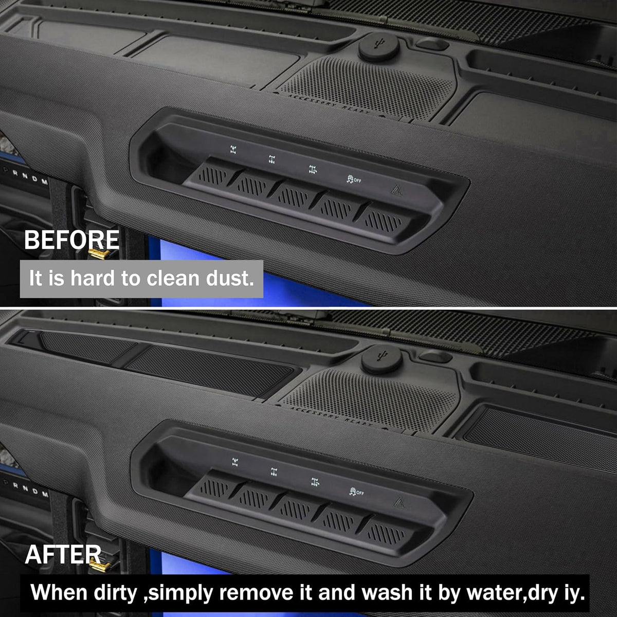 Silicone Dash Dashboard Cover Mat for Ford Bronco Accessories 2021 2022 2023 2024 2025 2026 Anti Dust Dash Pad Tray Insert Liners Compartments Mat for Bronco 2/4-Door 2Pcs Set (Black Trim)
