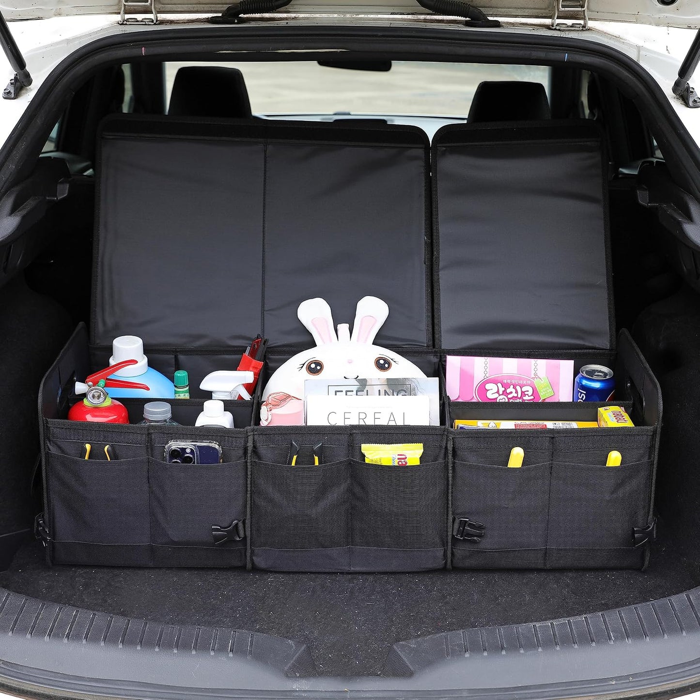 AOKJOY Car Trunk Organizer with Lid Storage Collapsible Multi Compartment Adjustable Straps for SUV, Truck, Sedan(Black) XL