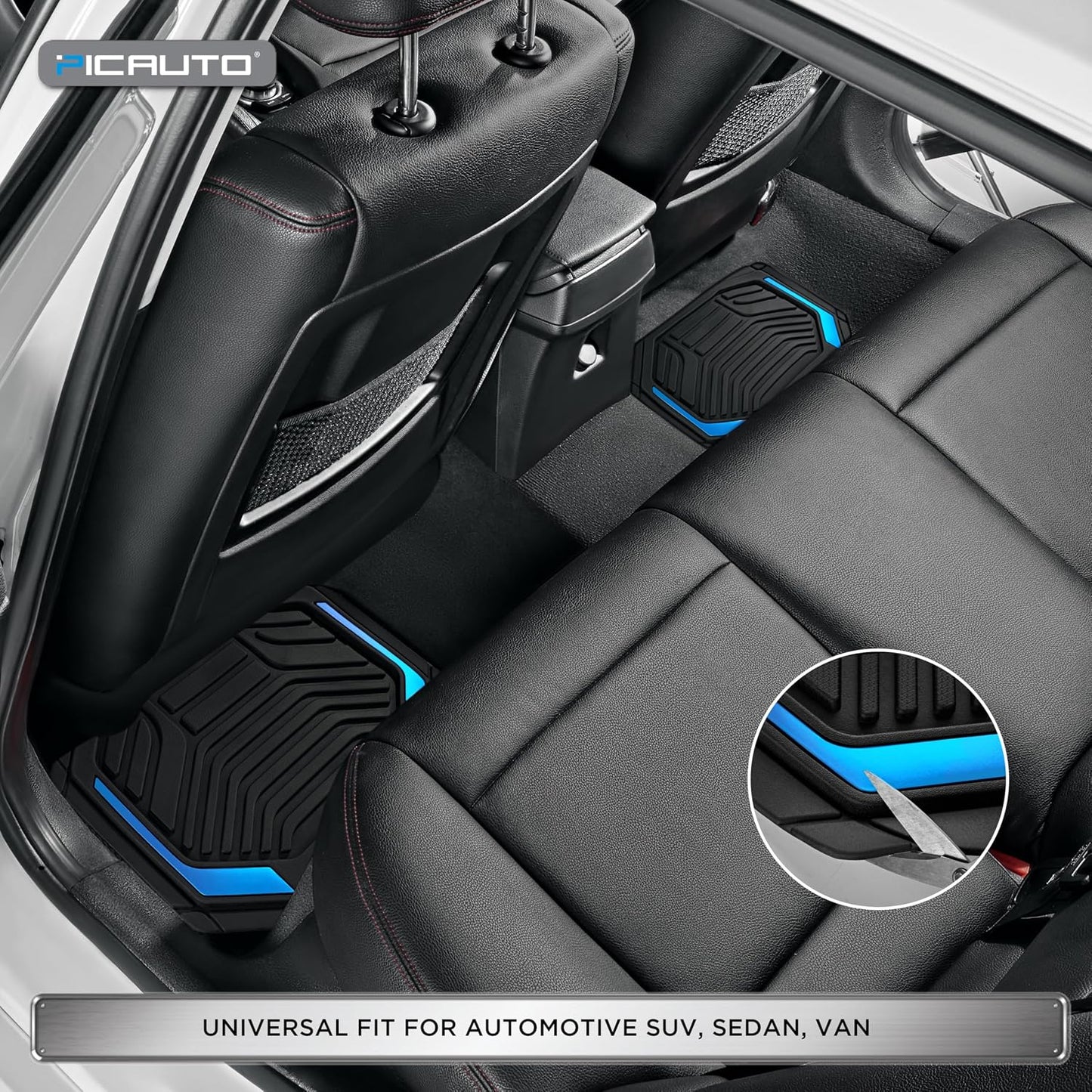 PIC AUTO Heavy Duty Rubber Floor Mats, Blue Aluminum Film Car Mats Set, Front and Rear Car Mats with Anti-Slip Backing, All Weather Protection, Trim-to-Fit for Automotive SUV, Sedan, Van