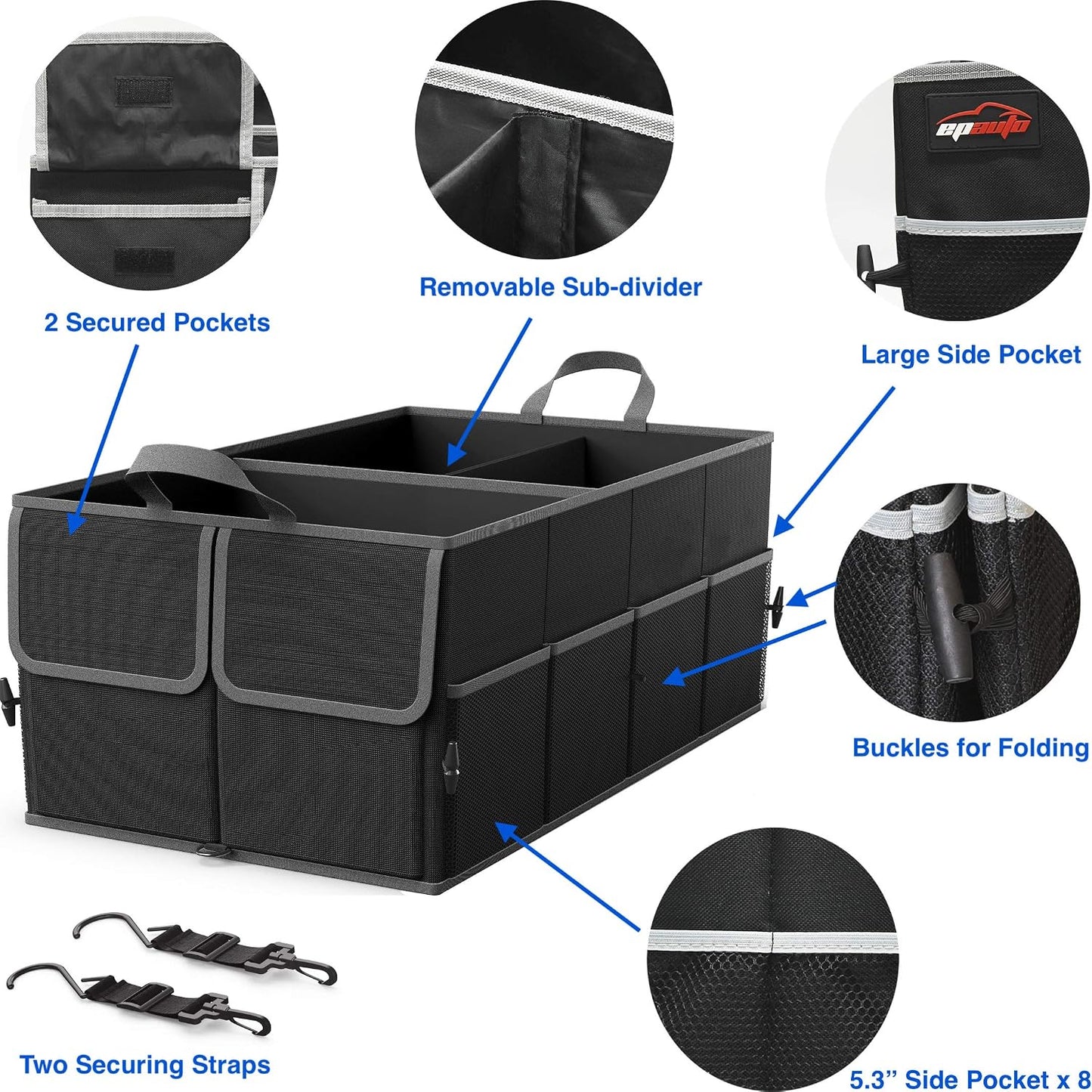 EPAuto Foldable Car Trunk Organizer, 3-Compartment with Removable Divider, Black