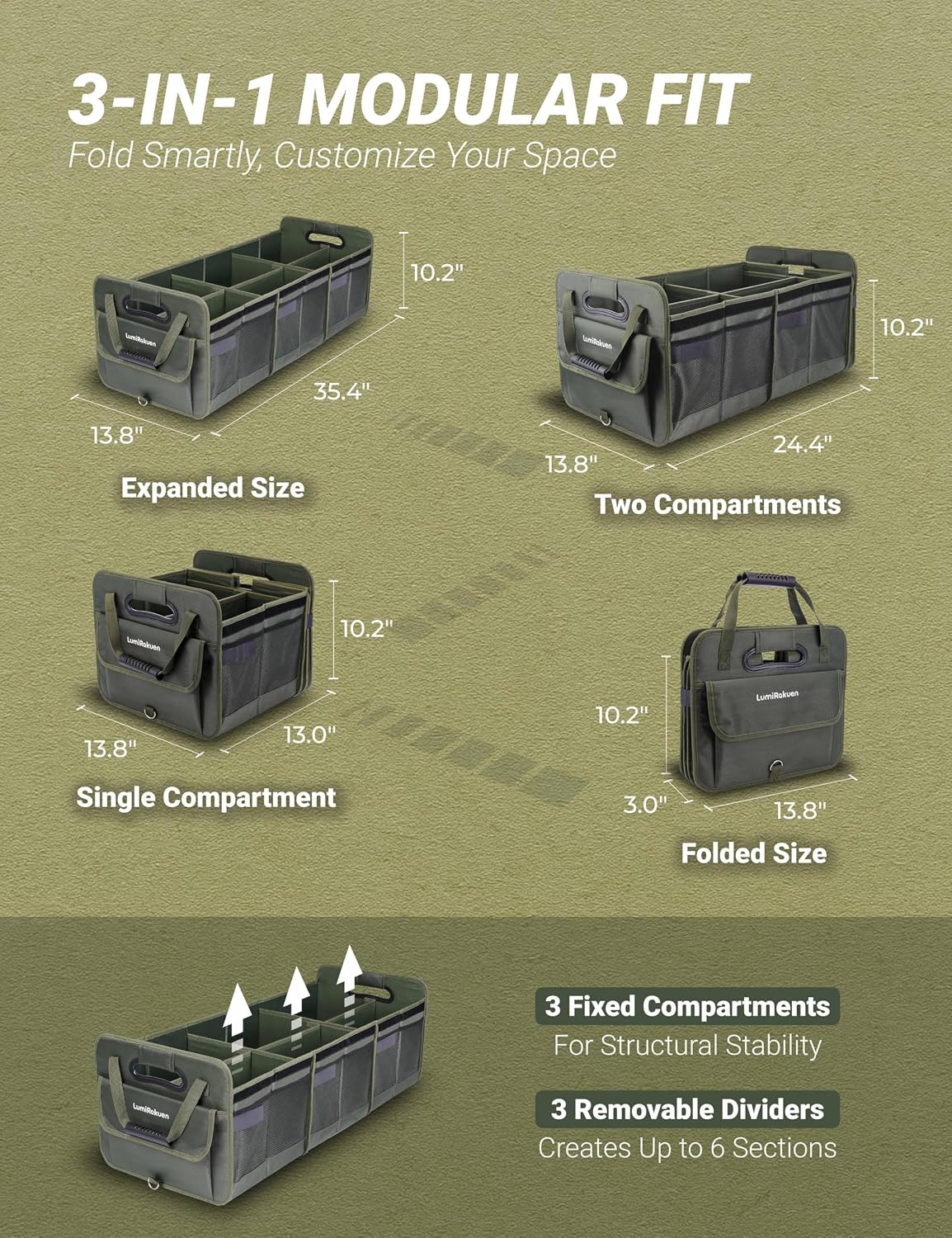 Heavy Duty Trunk Organizer with Lid for SUV & Truck (XL, Green) | 1680D Water-Resistant Fabric & 3.5mm PP Skeleton Collapsible Multi-Compartment Trunk features Dual Non-Slip Hooks