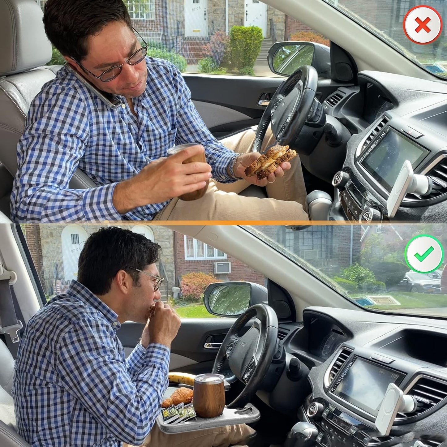 EcoNour 2 in 1 Car Steering Wheel Desk | Steering Wheel Tray for Laptop Car Mount with Pen Holder | Car Food Grey Tray for Eating with Drinks Holder | Multipurpose Travel Car Accessories