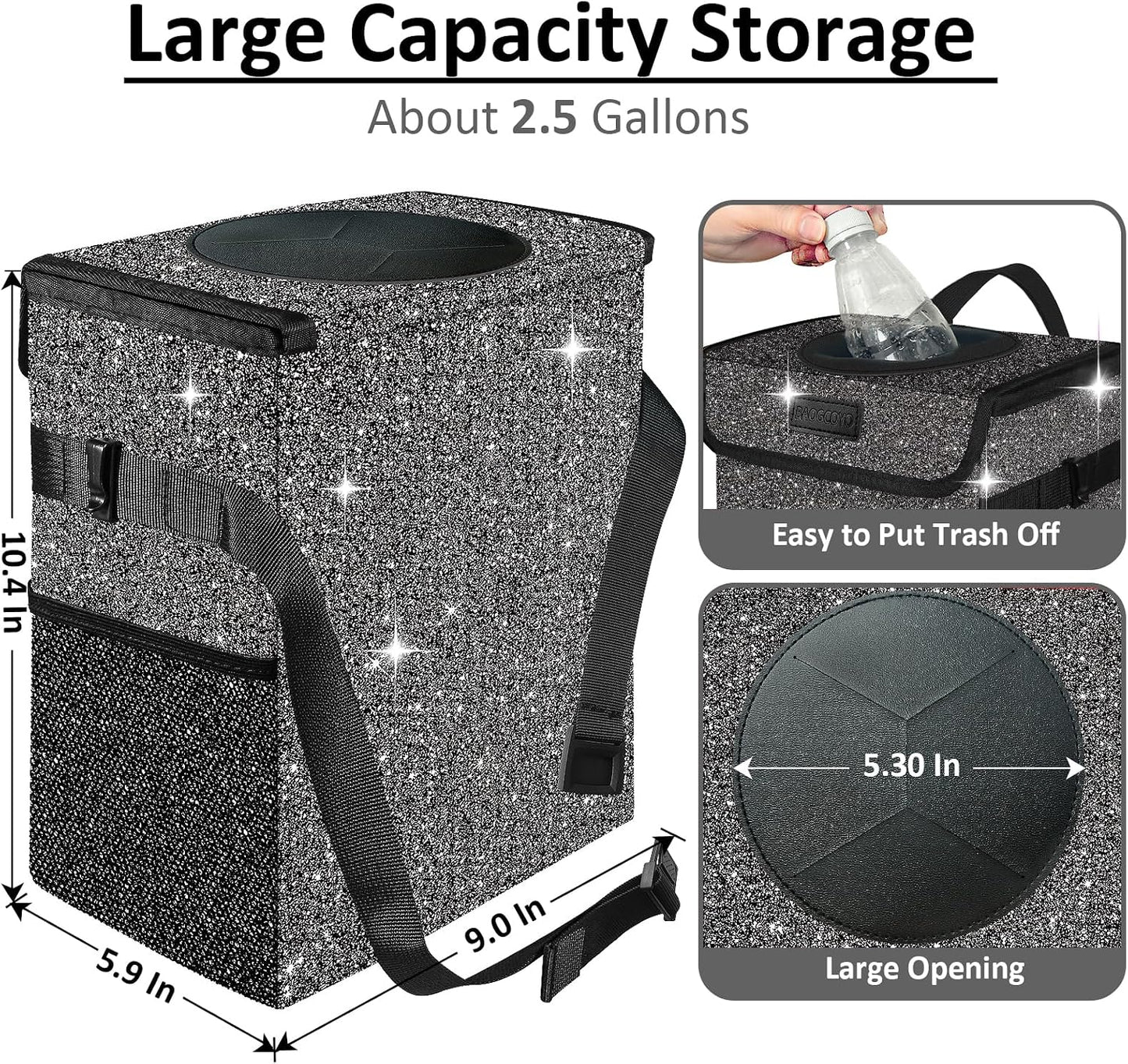 Cute Mini Car Trash Bag with Lid, Glitter Garbage Can Bin Hanging for Back/Front Seat/Console, Waterproof, Leakproof, 2.5 Gallon, Black Bling Sparkly