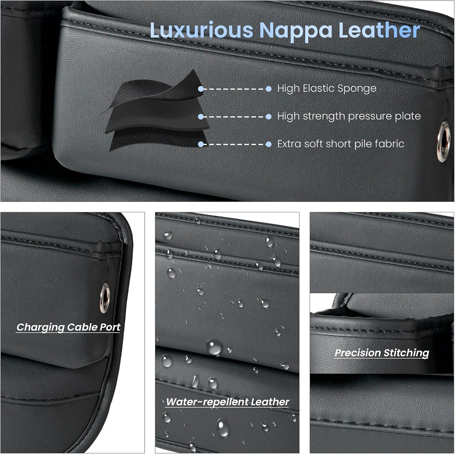 2 Packs Universal Fit Car Seat Gap Filler Organizer, Premium Leather Anti-Drop Car Side Gap Storage with Cup Holder for Phone, Keys, Sunglasses & Drinks (Black)