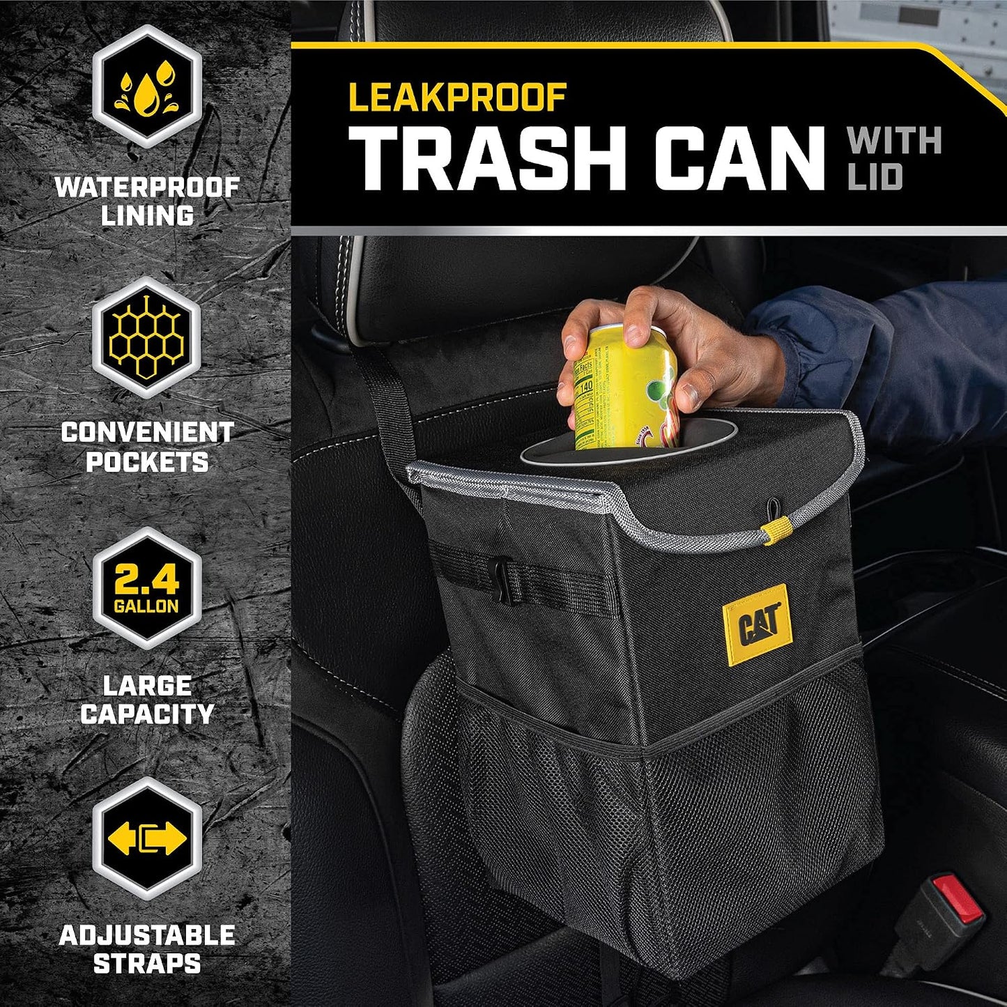 CAT® Car Seat Organizer & Trash Can Cooler Bundle – Portable Seat Caddy with Adjustable Straps + 2.4 Gallon Leak-Proof Hanging Trash Bin with Waterproof Liner, Car Accessories for Cars Trucks SUVs