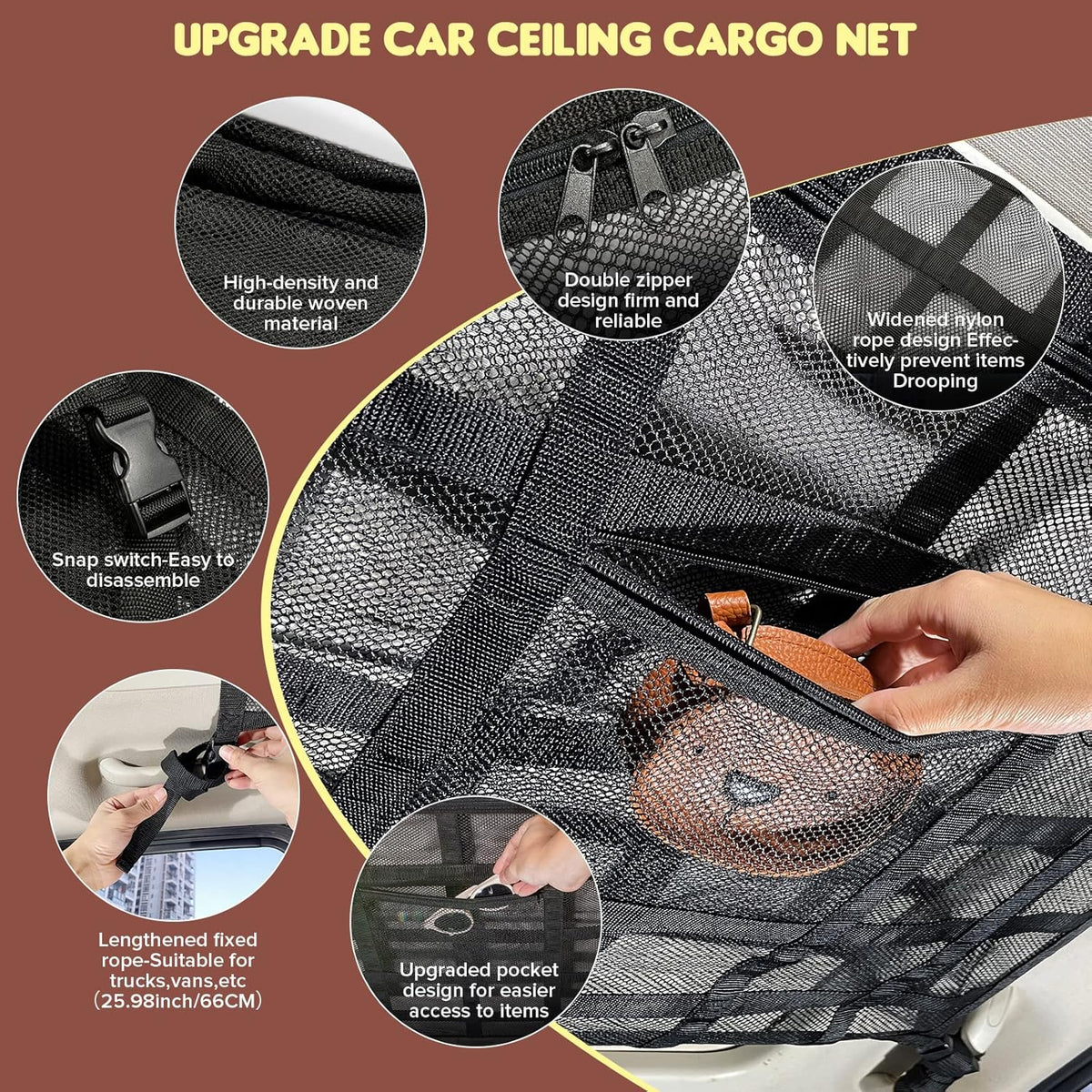 Car Ceiling Cargo Net, 35.4" x 23.6" Double Layer Overhead Storage Organizer for 4 Grab Handle Vehicles,Fits Most SUVs, Vans & Trucks,Mesh Roof Pocket for Camping & Road Trips