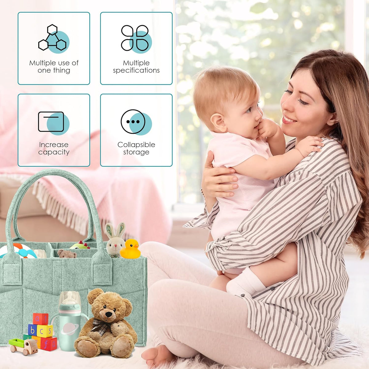 Cute Castle 2 Pack Diaper Caddy Organizer - Portable Baby Caddy Organizer with Handle, Nursery Storage Bin and Car Organizer for Girls, Boys - Baby Gift Basket - Green