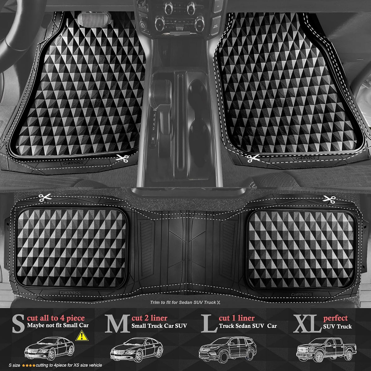 CAR PASS Heavy Duty Rubber Car Mats, Deep Dish All-Weather Floor Mat for Car Full Set Durable Anti-Slip 3D Rhombus Waterproof Trim to Fit Liner Universal Fit Automotive,Sedan,SUV,Truck, 3 Piece Black