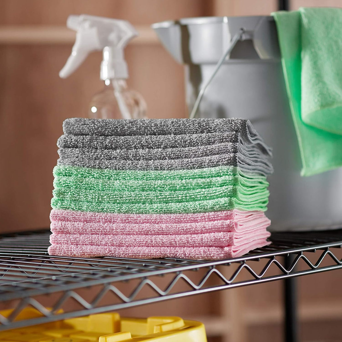 Amazon Basics Microfiber Cleaning Cloths, Ultra-Soft and Highly Absorbent, Streak-Free, Lint-Free, Scratch-Free, Washable, for Car Detailing and Glass Cleaning, 16" x 12", Green/Gray/Pink, 24-Pack