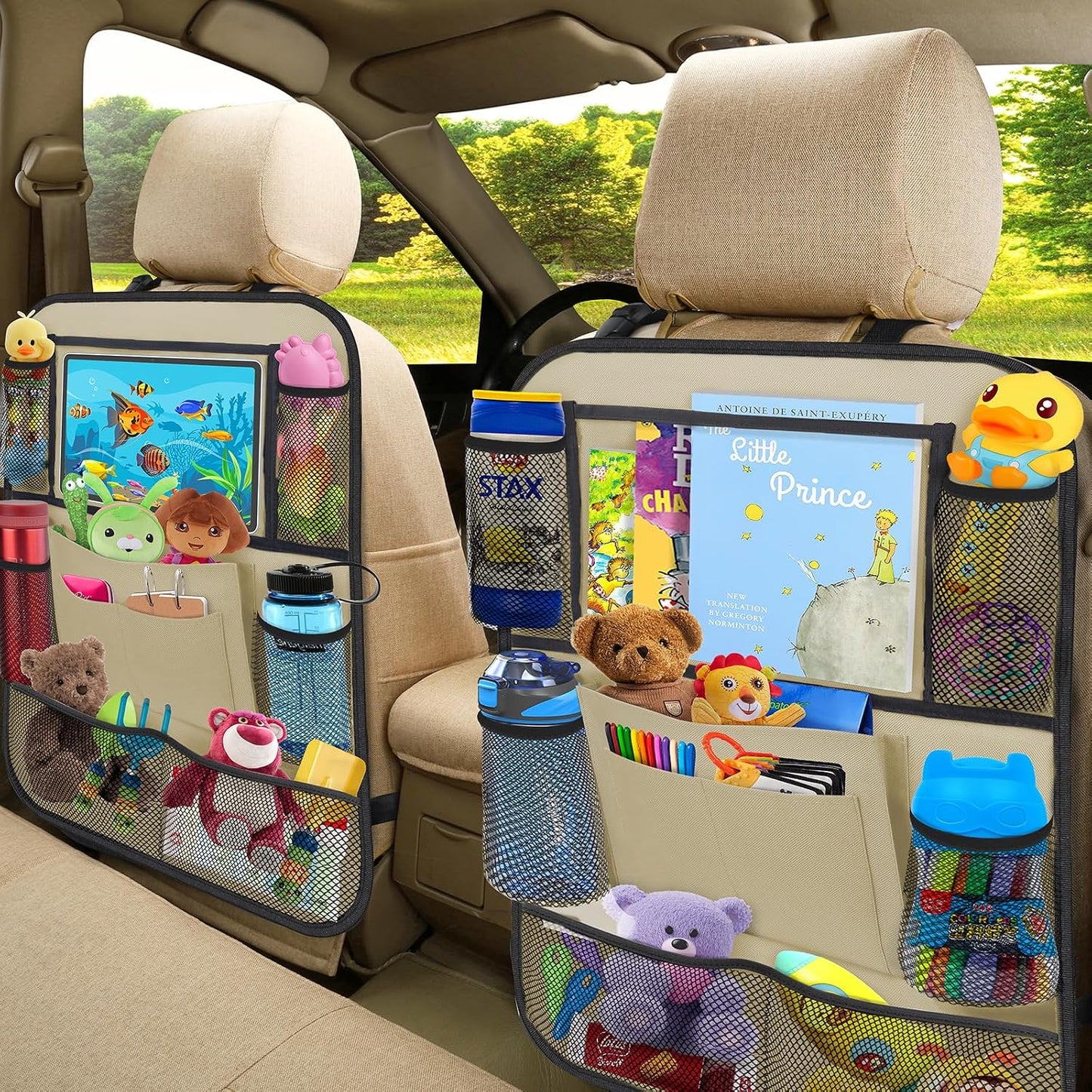 ULEEKA Car Backseat Organizer with 11" Table Holder, 10 Storage Pockets Seat Back Protectors Kick Mats for Kids Toddlers, Travel Accessories, 2 Pack, Beige