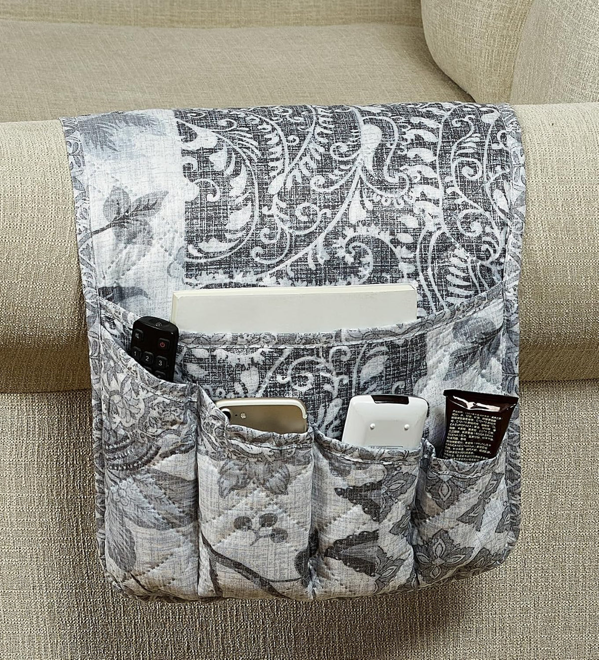 Brilliant Sunshine Grey Flowers Patchwork Couch Armrest Cover, 35"×13"