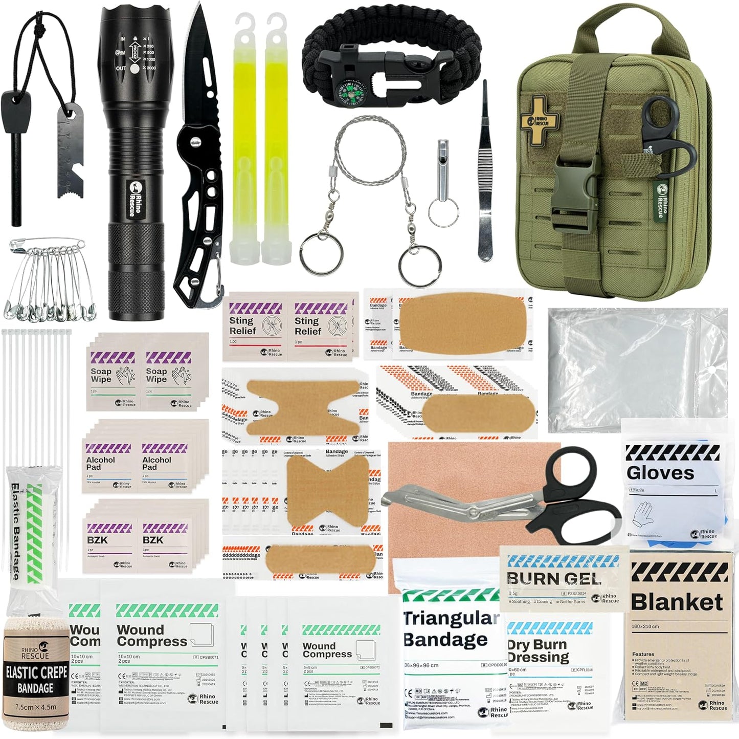 RHINO RESCUE Survival First Aid Kit for Hiking, Backpacking | Portable Size, IFAK Molle Pouch, Essential Outdoor Gear, 100+ First Aid Supplies, 20+ Survival Essentials, HSA/FSA Approved