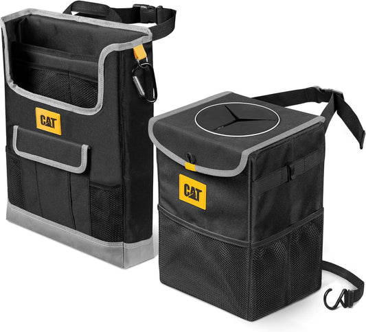 CAT® Car Seat Organizer & Trash Can Cooler Bundle – Portable Seat Caddy with Adjustable Straps + 2.4 Gallon Leak-Proof Hanging Trash Bin with Waterproof Liner, Car Accessories for Cars Trucks SUVs