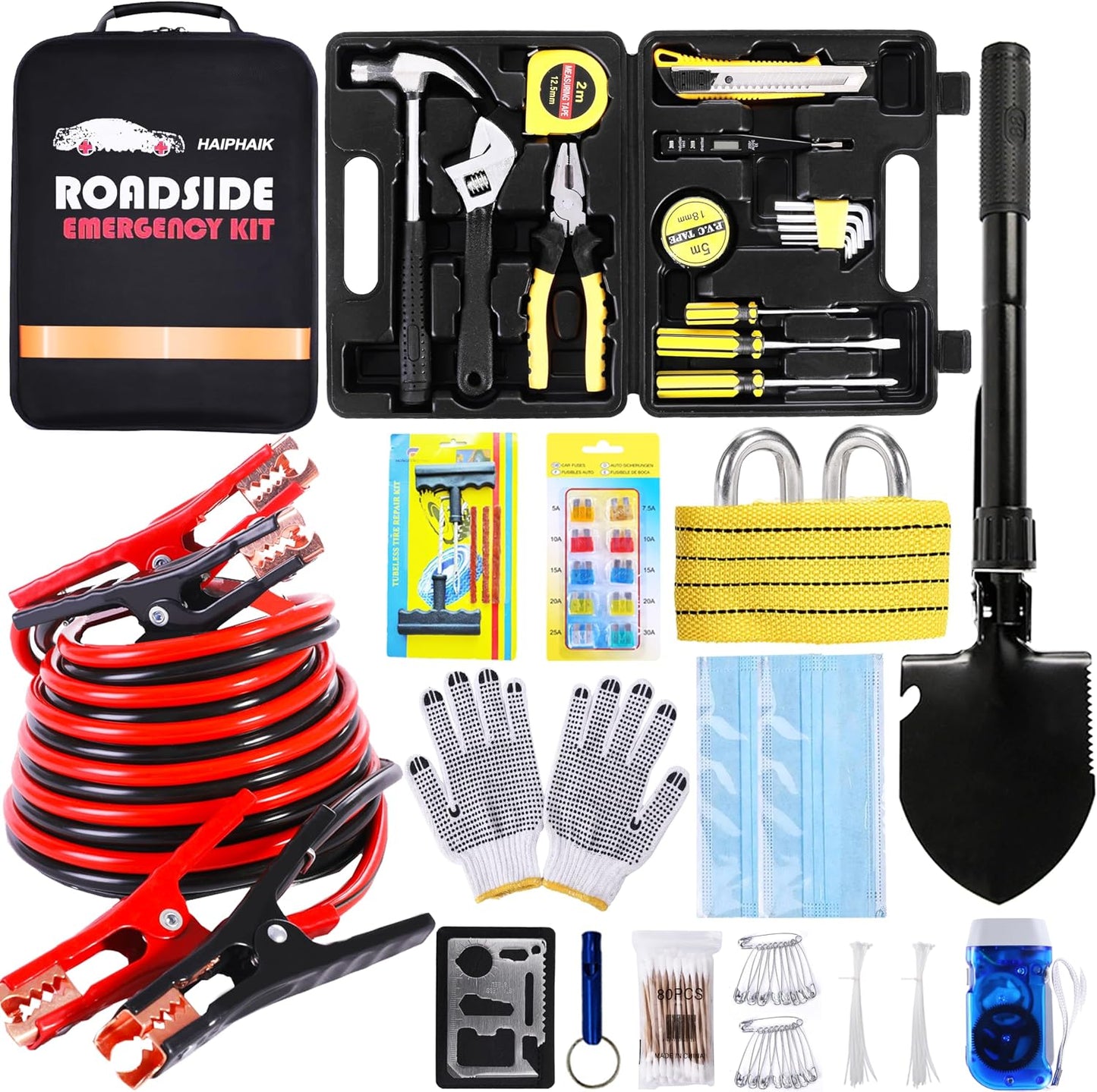 HAIPHAIK Car Emergency Kit with 11.8ft Jumper Cables, Roadside Safety Kit | Emergency Roadside Kit for Car Tow Strap, Folding Shovel, Emergency Tools Box, Breakdowns Travel for Women Men