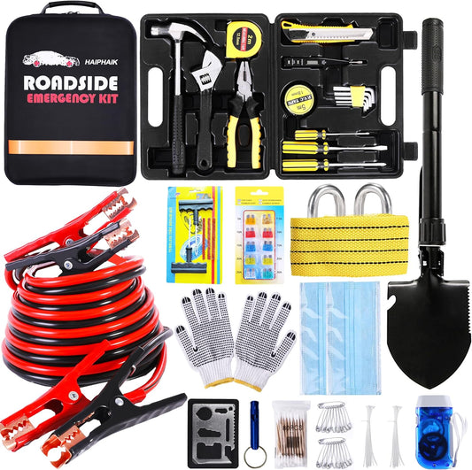 HAIPHAIK Car Emergency Kit with 11.8ft Jumper Cables, Roadside Safety Kit | Emergency Roadside Kit for Car Tow Strap, Folding Shovel, Emergency Tools Box, Breakdowns Travel for Women Men