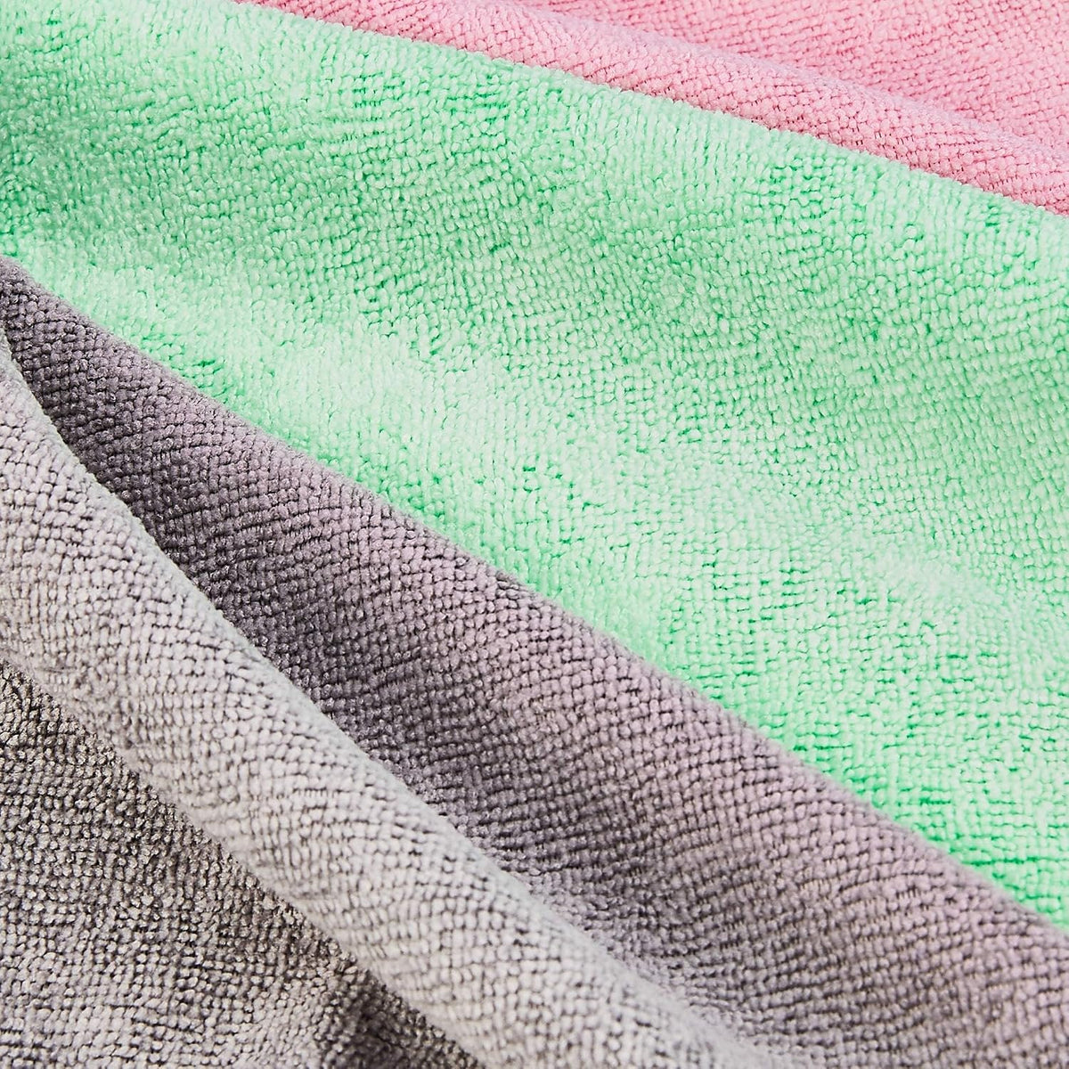 Amazon Basics Microfiber Cleaning Cloths, Ultra-Soft and Highly Absorbent, Streak-Free, Lint-Free, Scratch-Free, Washable, for Car Detailing and Glass Cleaning, 16" x 12", Green/Gray/Pink, 24-Pack