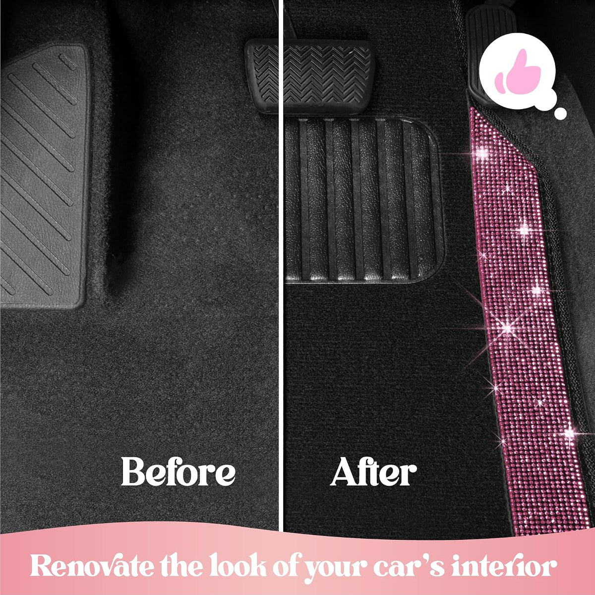 Carbella Diamond Bling Car Mats 4-Piece Set, Shiny Rhinestone Crystal Carpet Car Floor Mats, Two-Tone Floor Mats for Cars, Cute Automotive Interior Car Accessories for Women (Pink)