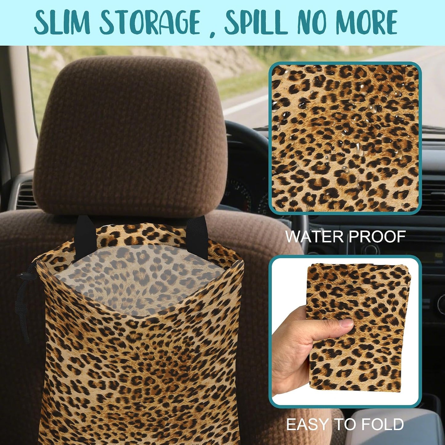 Car Trash Bag Brown Leopard Leak-Proof Waterproof Car Garbage Bag with Drawstring Foldable Canvas Trash Bin with Adjustable Buckle for Car Accessories, Travelling, Camping