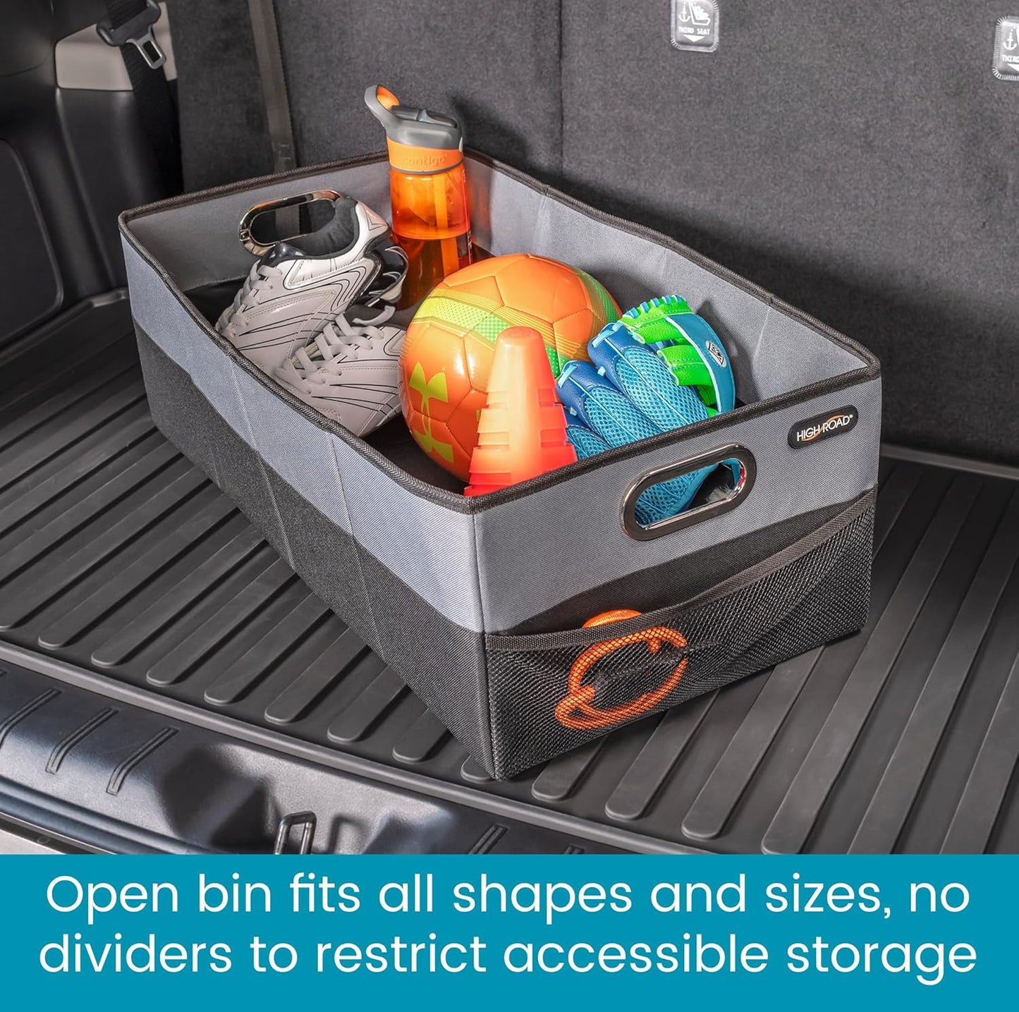 High Road CargoCube Car Storage Bin - Leakproof Car Trunk Storage Organizer with Metal Handles and Front Mesh Pocket, 12x24 Inches - Single pack