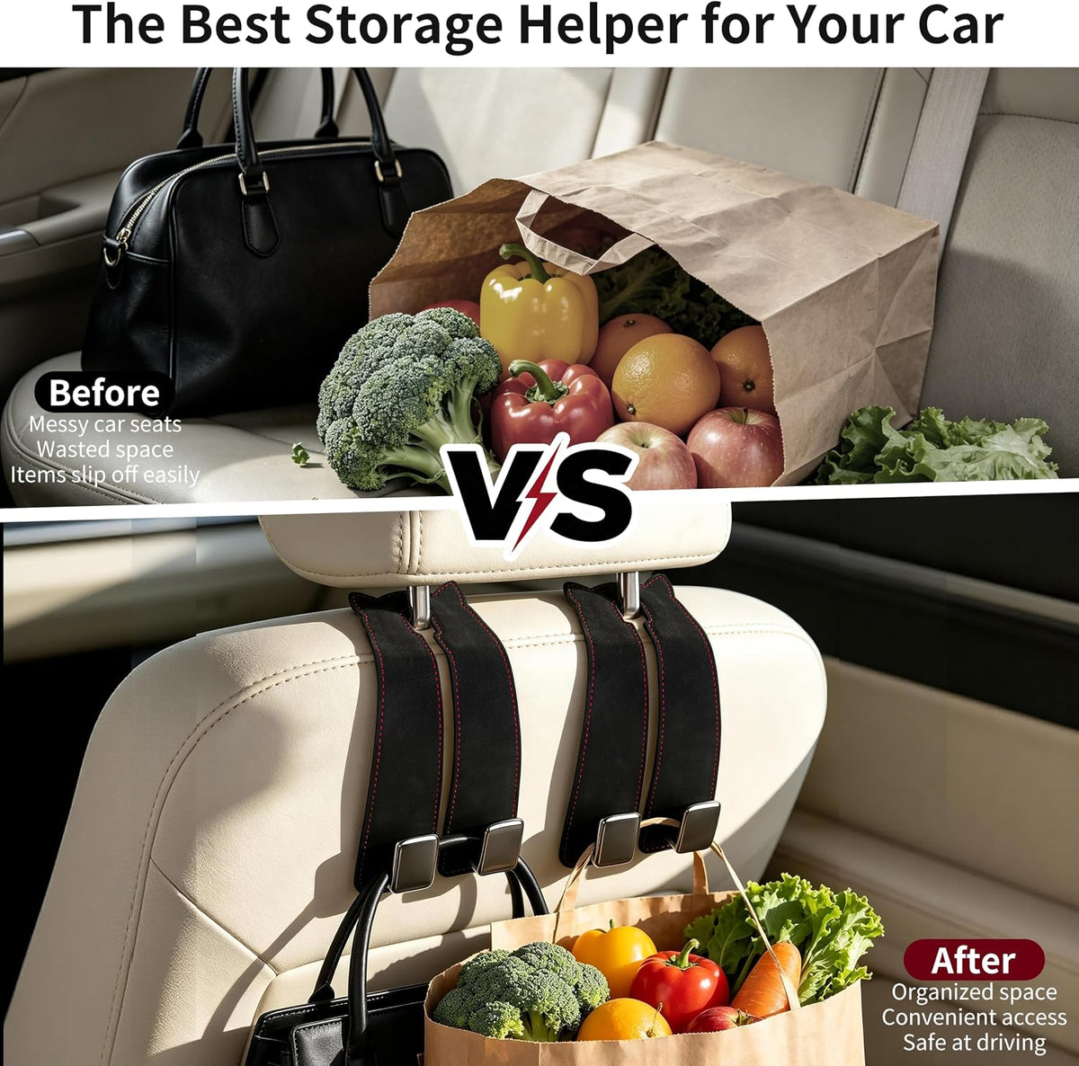 Amooca Car Headrest Hooks 4-Pack Suede Seat Organizer with Metal Core