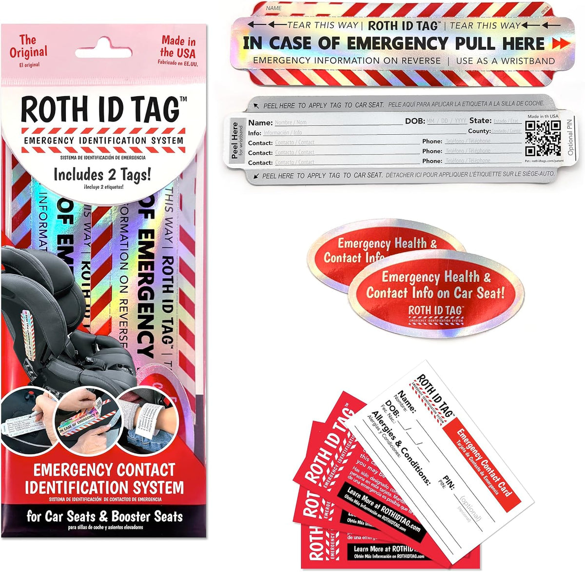 Emergency Contact Identification System for Car Seats, Booster Seats, Baby Gear | Family ROTH ID TAG Kit (6 Tags)