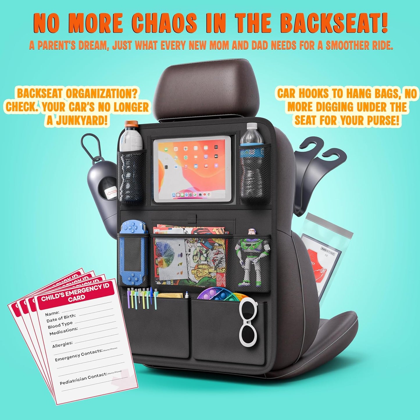 Baby Car Essentials Starter Kit for New Parents w/ 1 Backseat Organizer 2 Window Sun Shades 2 Headrest Hooks 1 Rear Facing CarSeat Mirror – Baby Car Stuff Must Haves & Newborn Essentials