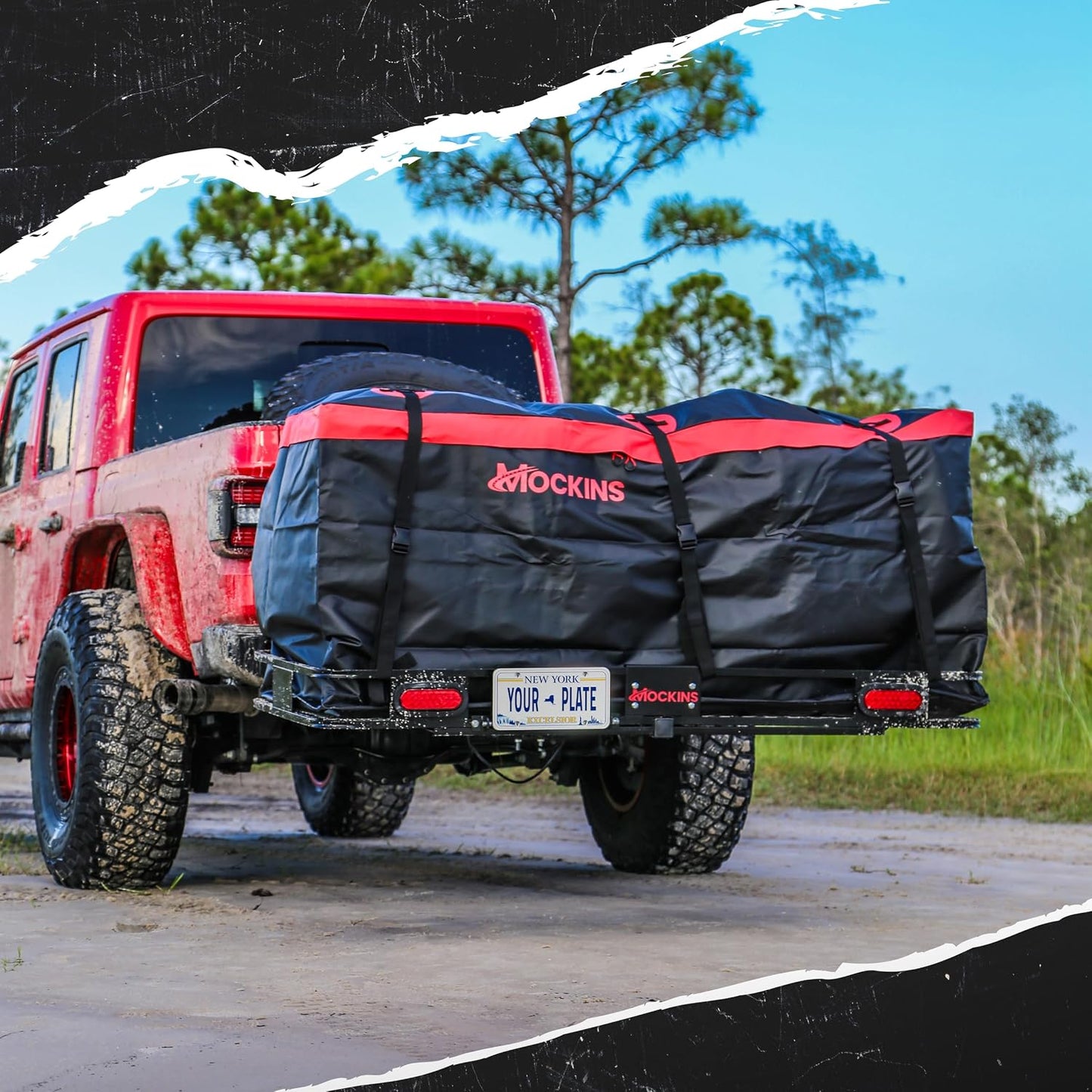 Mockins 70"x30"x6" XXL Folding Trailer Hitch Cargo Carrier w/ 500 Lbs. Cap | Luggage Rack for SUV Car Truck & RV w/ 40 CuFt Waterproof Cargo Bag for Hitch Carrier | Includes Rear Lights & Plate Bracket