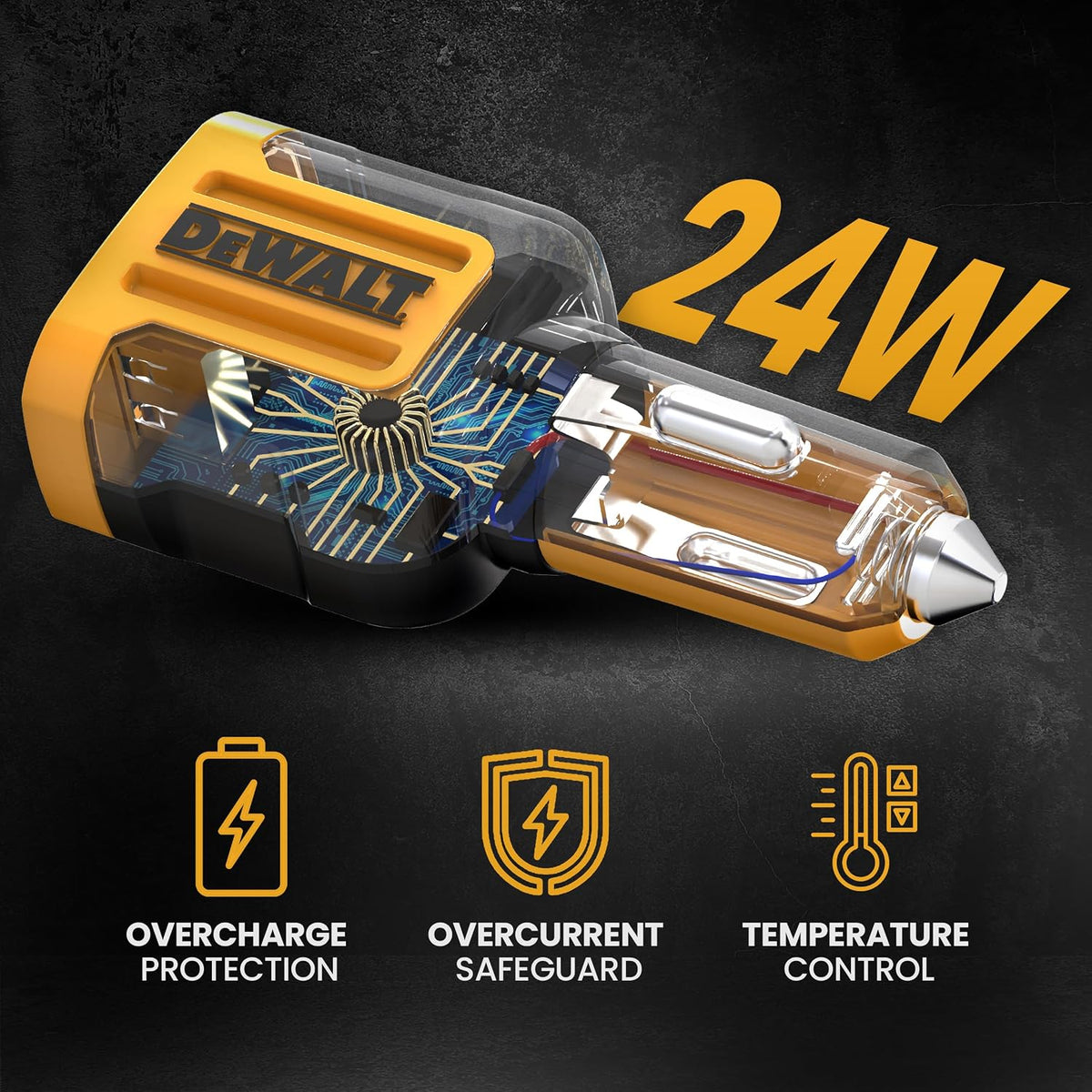 DEWALT Heavy Duty USB Car Charger Adapter, 24W, Cigarette Lighter Adapter