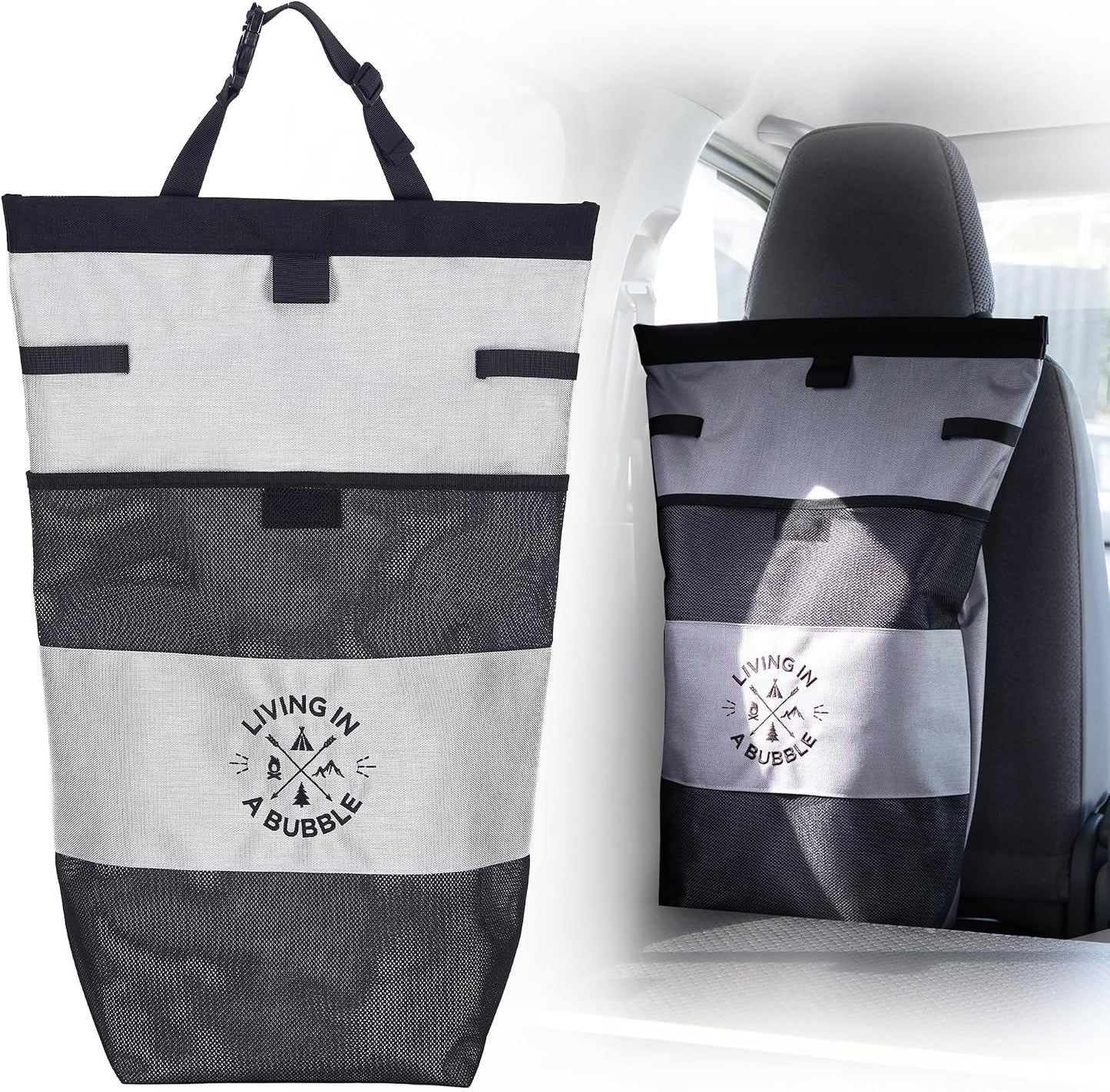 Living in a Bubble Seat back Organizer – Magnetic Toiletry and Cooler Pouch, Cordura Car Backseat Storage with Device Holder & Hooks, Multi-Compartment Utility Bag for Campervans & Family Travel