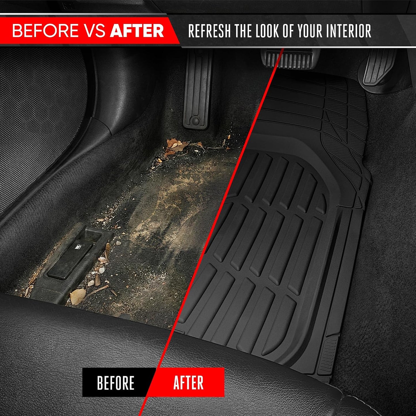 Motor Trend FlexTough LITE Rubber Car Mats Full Set - All Weather Floor Mats for Cars & SUVs - Automotive Waterproof Black Car Floor Mats for Cars Interior Accessories Universal Trim-to-Fit