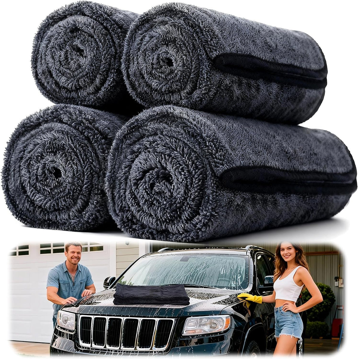 Car Drying Towels - 4 Pack Black Microfiber Detailing Cloths, 36 x 24 In