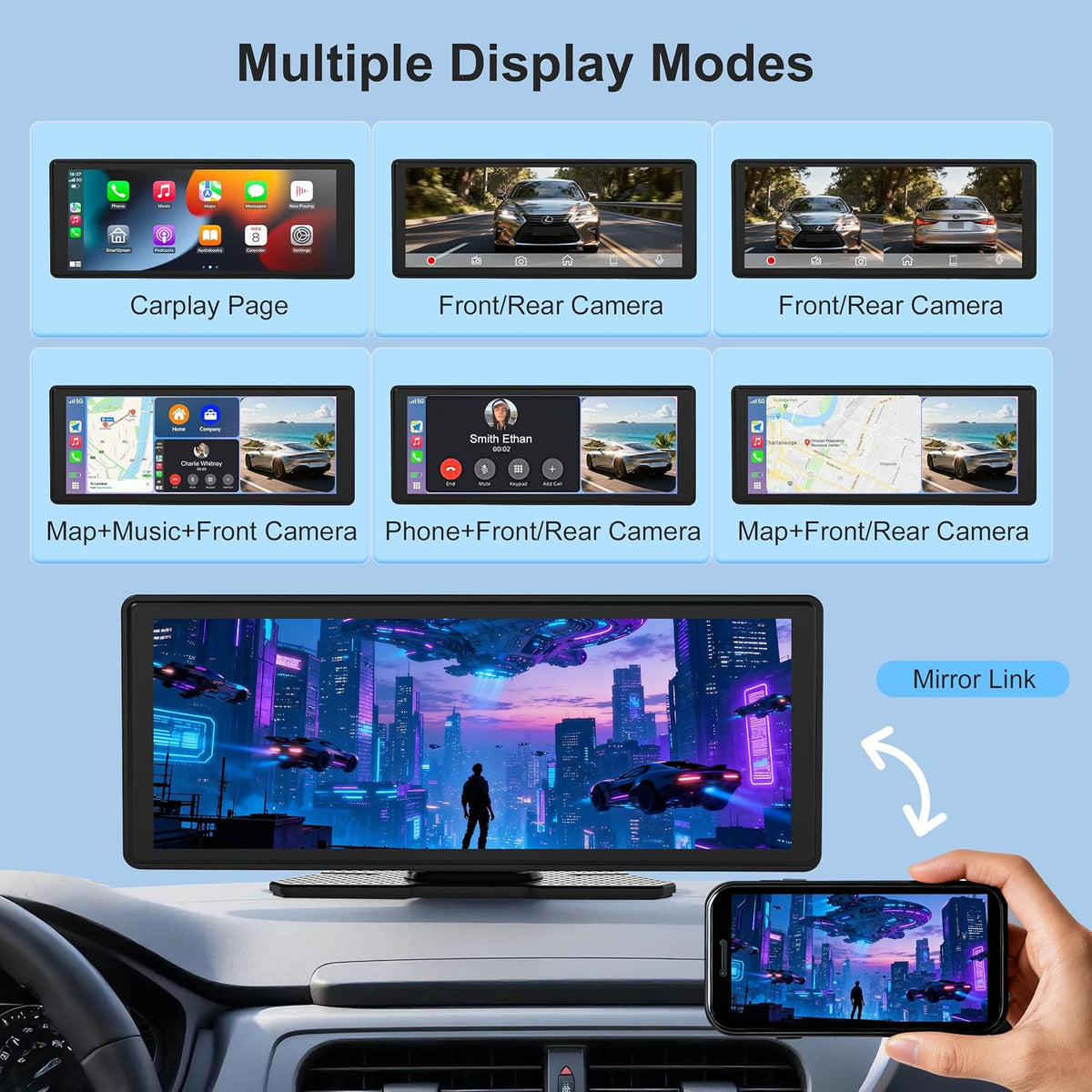 Wireless CarPlay Android Auto Screen for Car 10.26" 4K Dash Cam & 1080P Backup Camera 64 GB of Storage Mirror Link/Bluetooth/FM, Satellite Radio Receiver