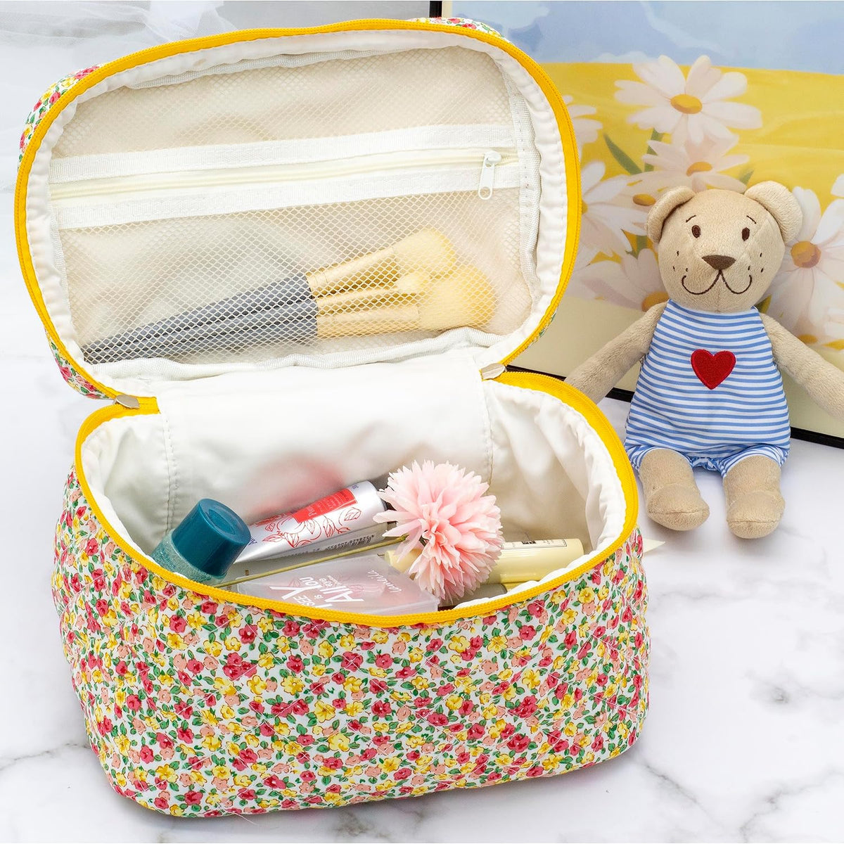 3 Piece Quilted Makeup Bag Set for Women,Cosmetic&Toiletry,Little Flower