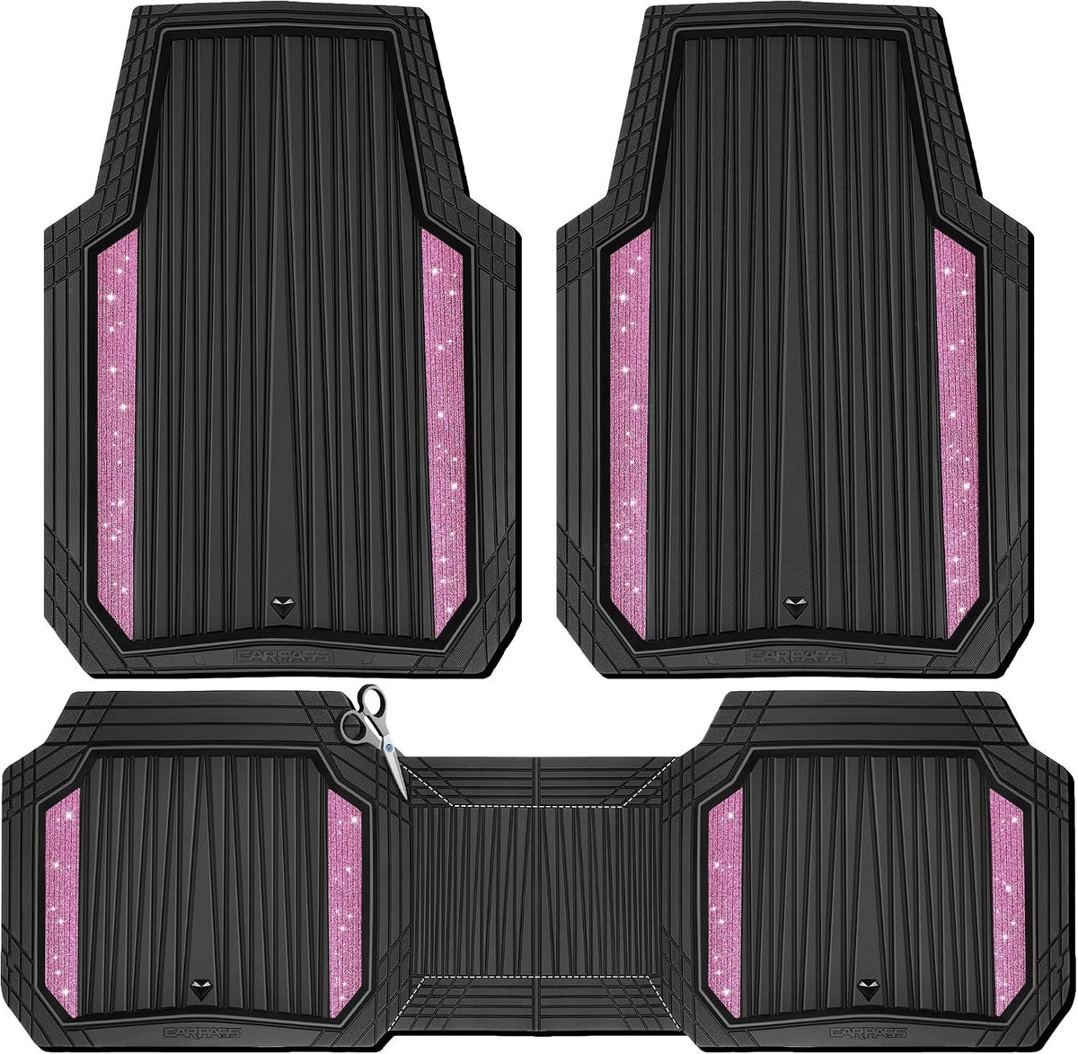 CAR PASS Bling Glitter Car Floor Mats Heavy Rubber Water Proof, Black Pink