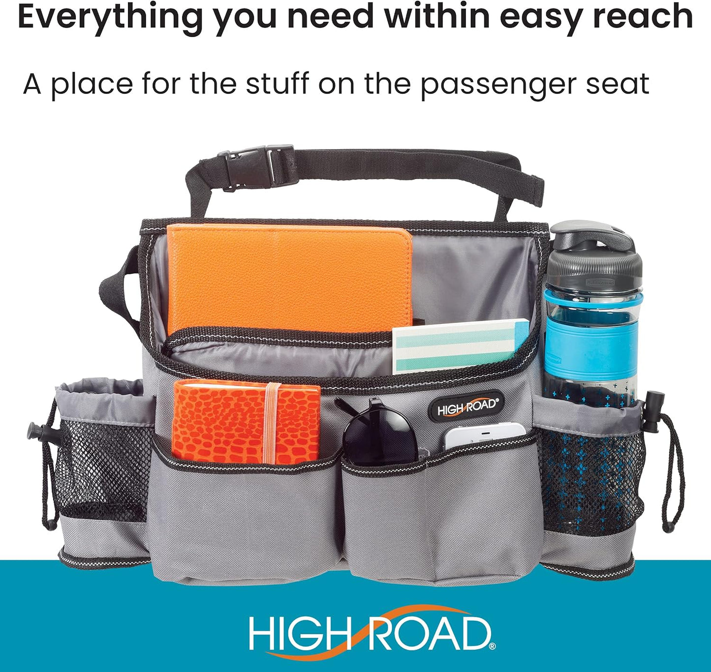High Road SwingAway Front Seat Car Organizer for Daily Driving Essentials with Side Bottle and Cup Holders