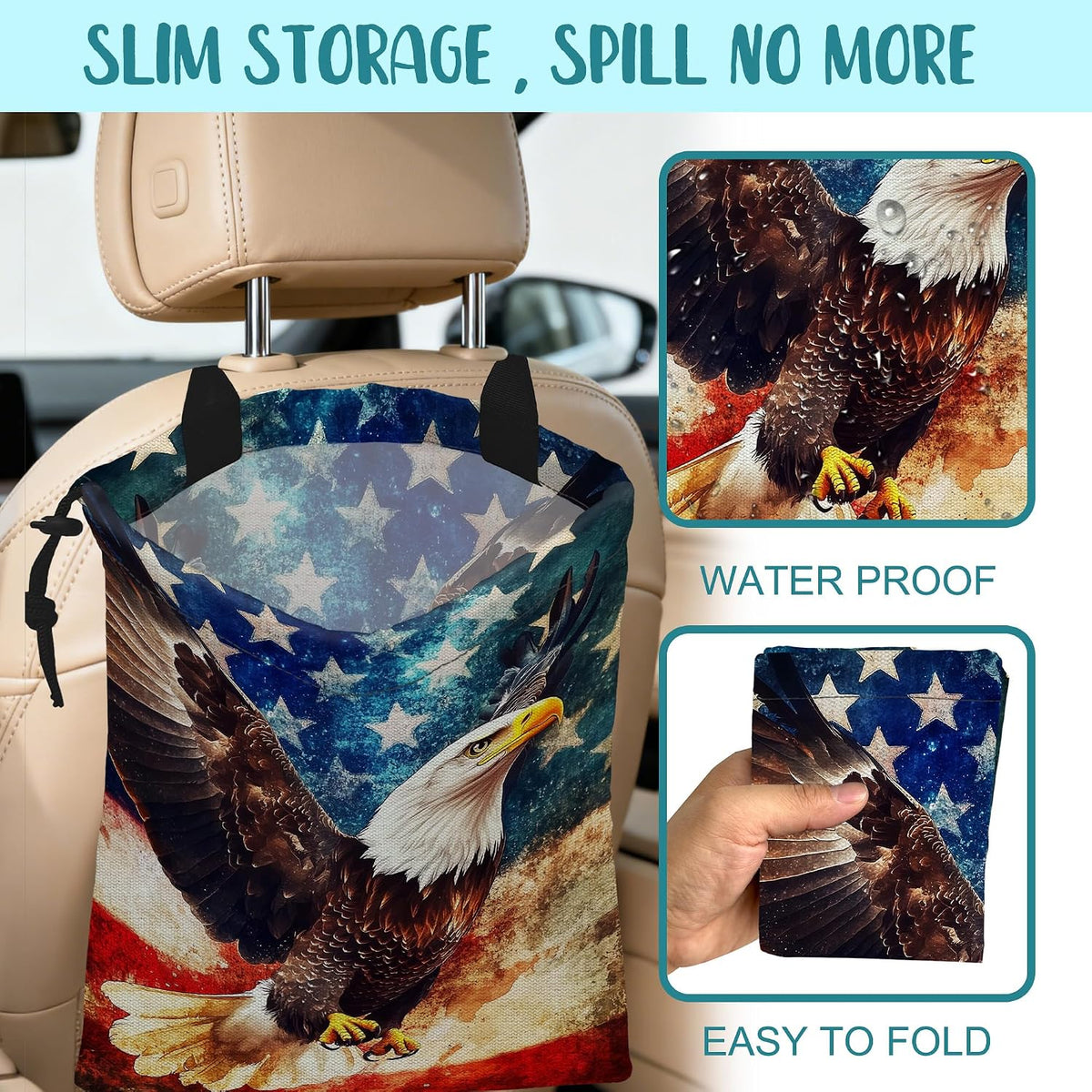 Car Garbage Bag Bald Eagle American Flag Drawstring Car Trash Bag Hanging for Back Seat with Adjustable Buckle Canvas Vehicle Trash Can Easy-to-Install