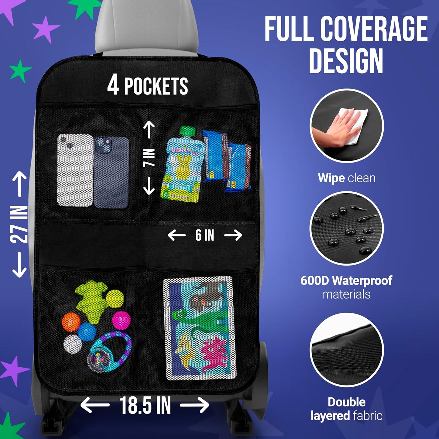 Todays Kids 2 Pack Kick Mats Back Seat Protector - Backseat Car Organizer for Kids, Car Storage Organizer, Back Seat Cars Organizers, Cars Organizers Backs Seats, Travel Accessories, 4 Pockets