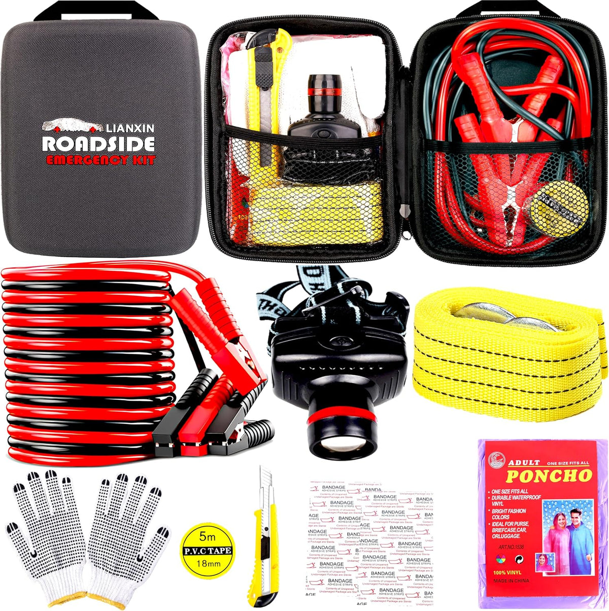 Car Emergency Kit with Battery Jumper Cables Headlamp Car Safety Kits