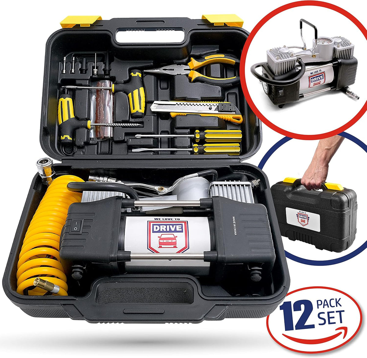 Tire Inflator Portable Air Compressor with Tire Repair Kit – Car Emergency Kit & 12V DC Dual Cylinder Air Pump for Cars, 150 PSI Tyre Pump with Tyre Pressure Gauge, and Car Accessories Air Pump