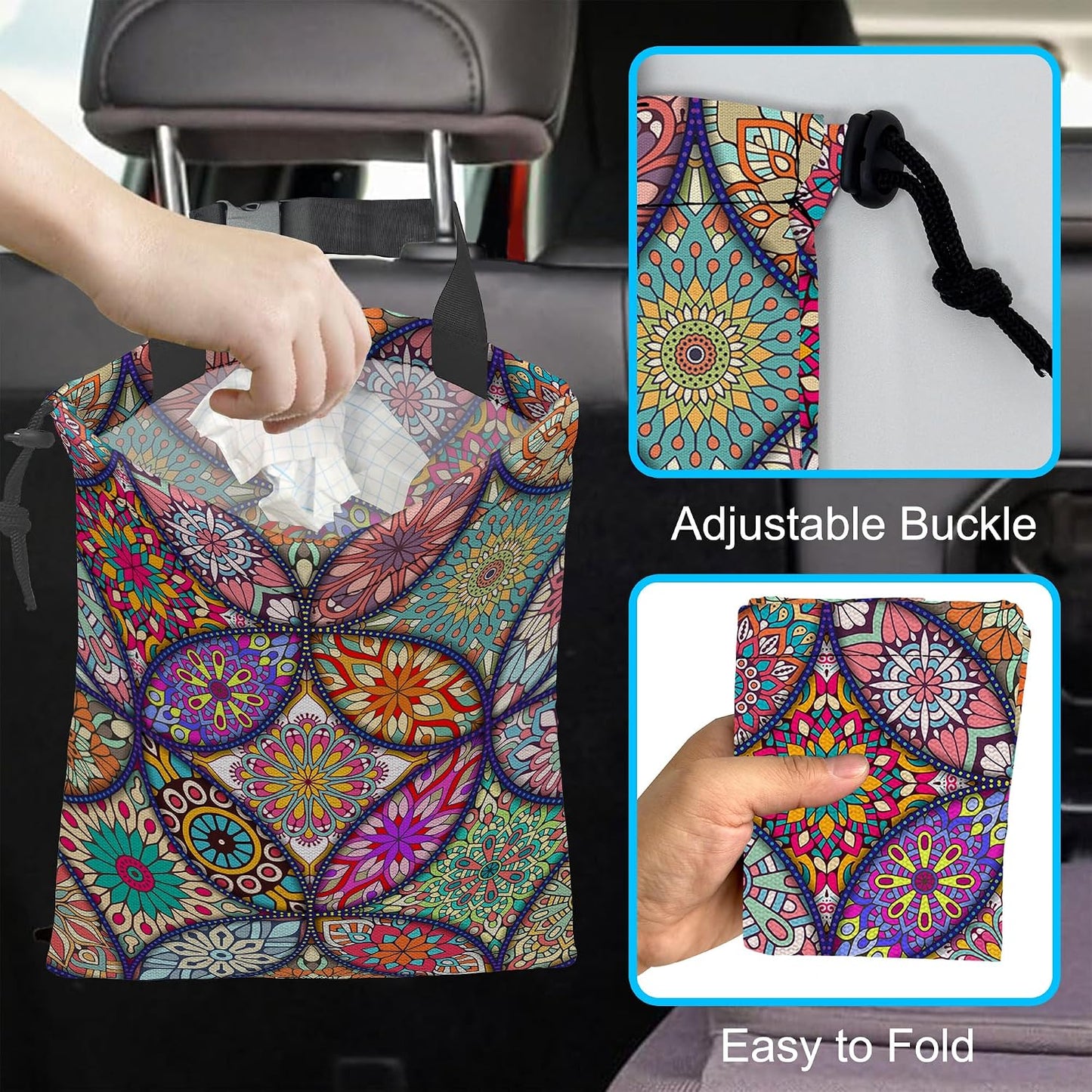 Car Trash Bag Hanging Mandala Flower Car Trash Can Waterproof Garbage Bag Hanging for Car Back Seat
