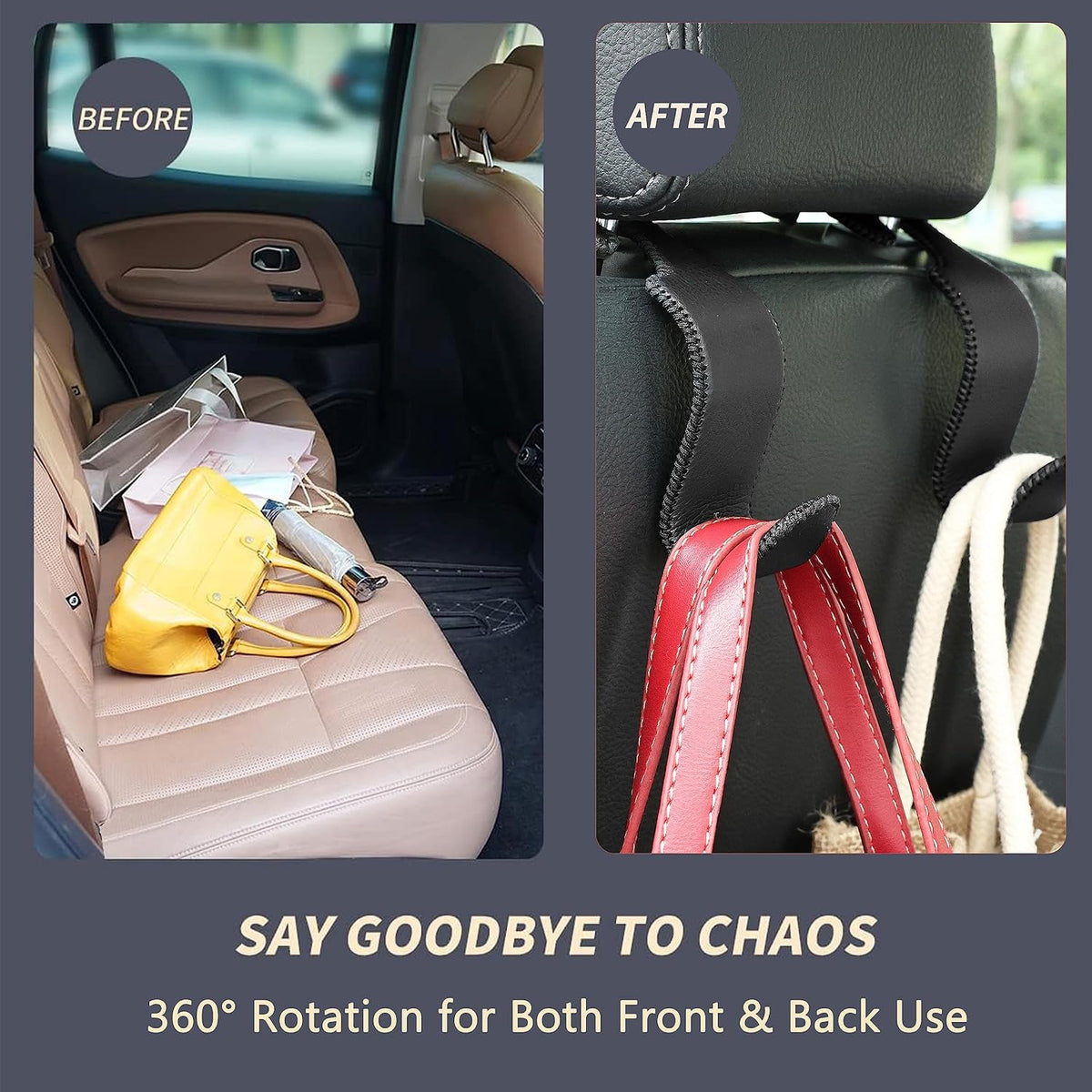 Amooca Car Seat Headrest Hook 4 Pack Metal Core Hanger Universal Car Storage Organizer for Handbag Purse Coat S Type Leather Black