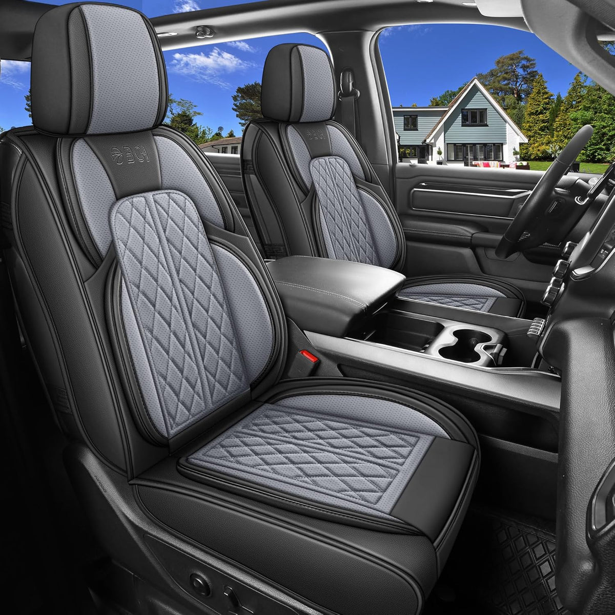 Car Seat Cover Custom Fit for Dodge Ram 1500 2500 3500 2002-2026 Faux Leather Seat Cover Set Compatible with Crew Quad Regular Cab Pickup Truck Cushions (Black & Grey, Full Set, Curved Rear)