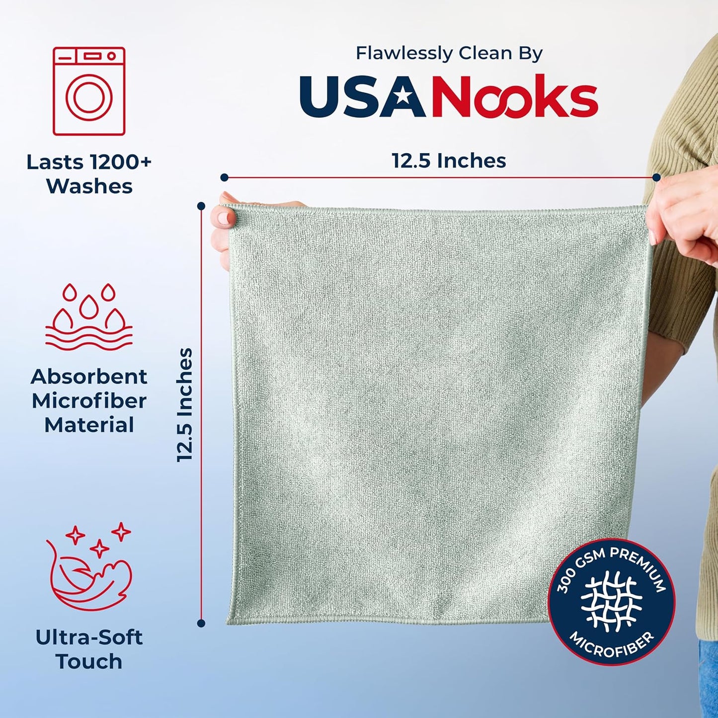 USANOOKS Microfiber Cleaning Cloth - Sea Green - 24Pcs (12.5x12.5 inch) High Performance - 1200 Washes, Ultra Absorbent Car Towel Traps Grime & Liquid for Streak-Free Mirror Shine - car Washing Cloth