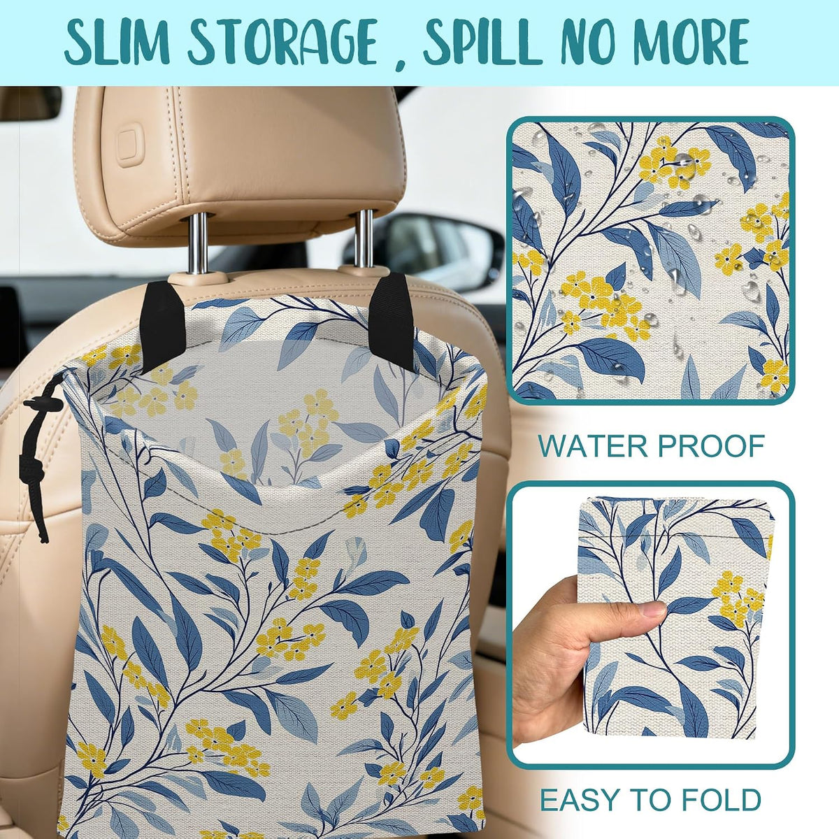 Car Trash Bag Fall Yellow Berries and Leaves Leak-Proof Car Garbage Bag with Drawstring Foldable Canvas Trash Bin with Adjustable Buckle for Car Accessories, Travelling, Camping